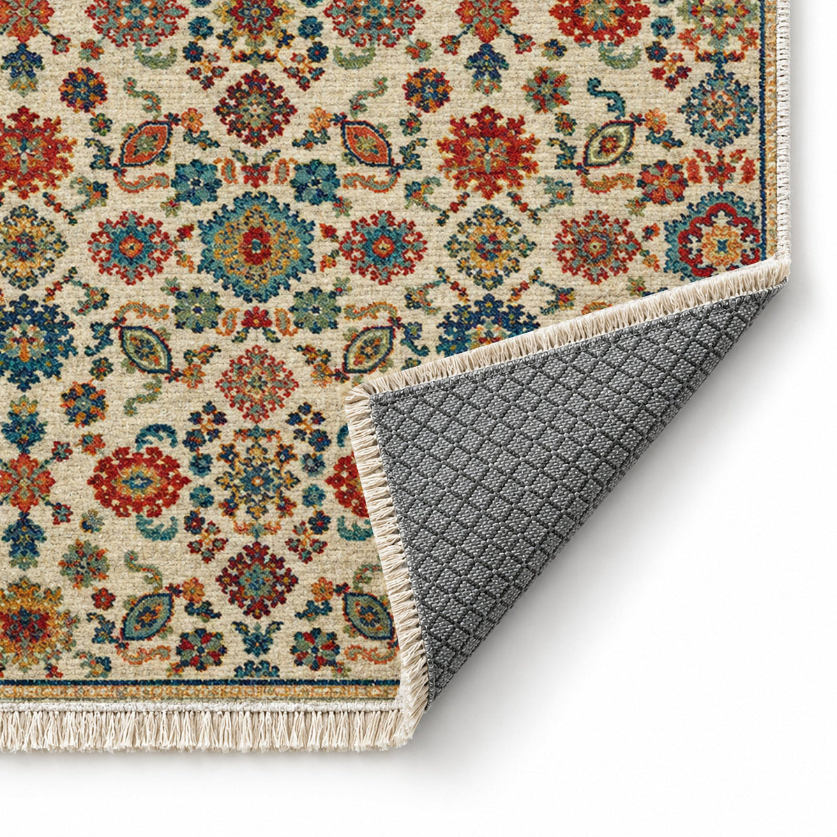 Vintage 7660 Terracotta washable rug folded corner showing the backing