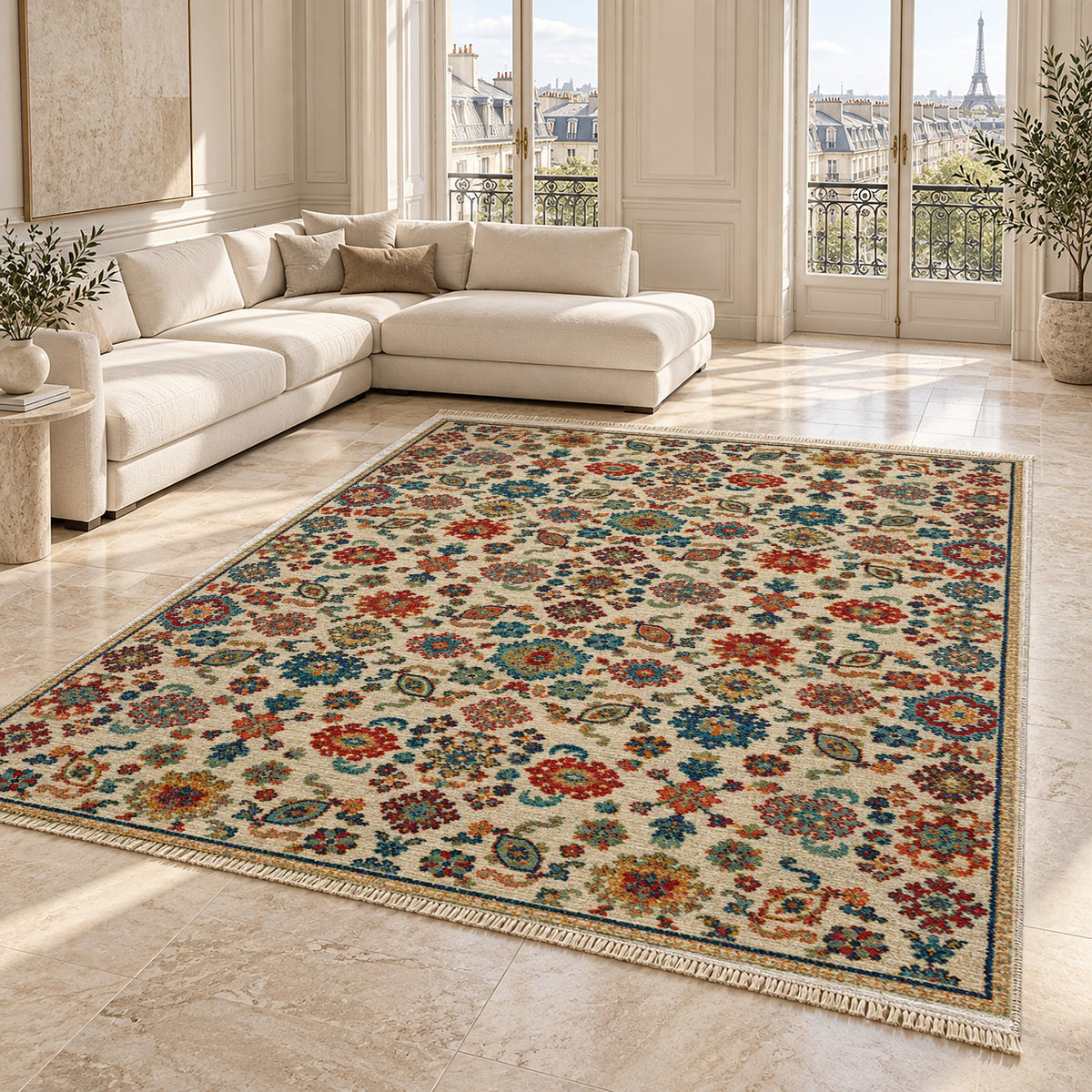 Vintage 7660 Terracotta washable rug angled room view on marble