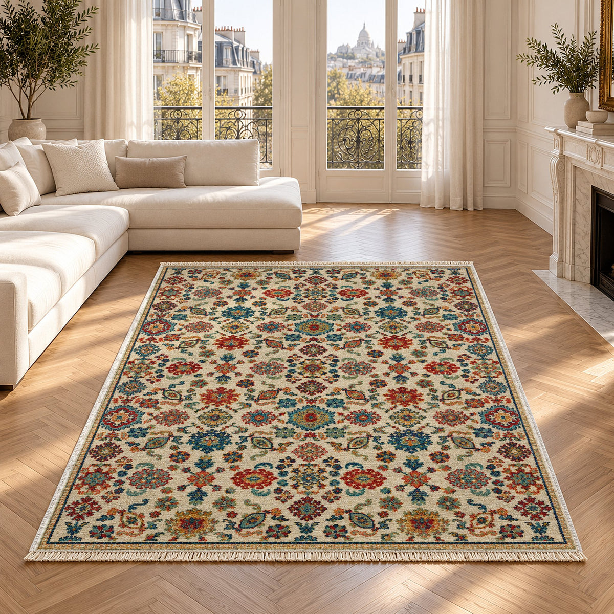 Vintage 7660 Terracotta washable rug in a Paris living room