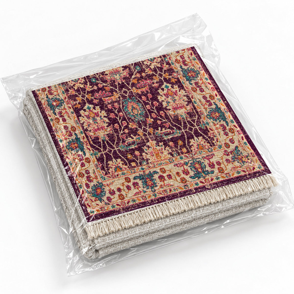 Vintage Floral 7652 Aubergine washable rug rolled and packaged