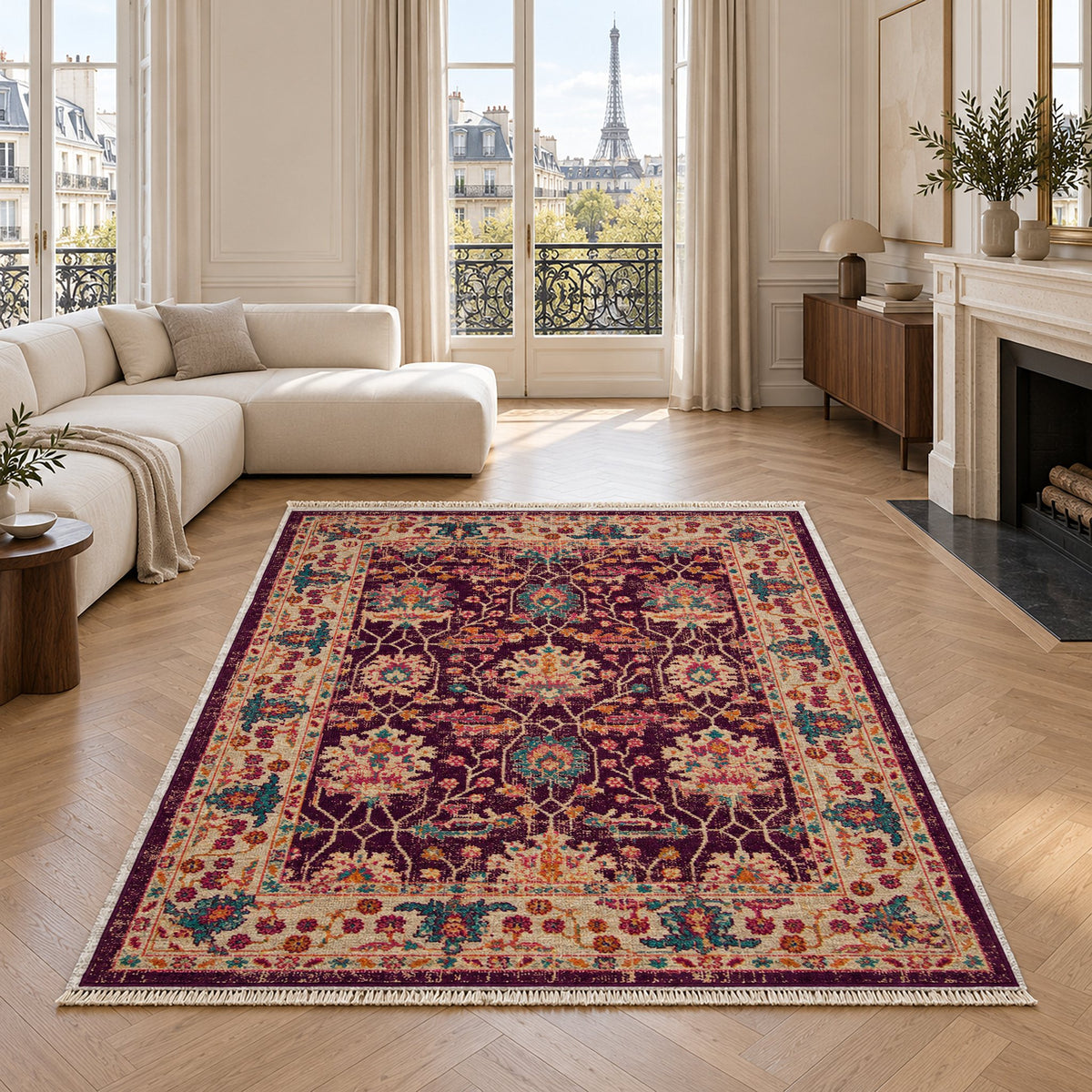 Vintage Floral 7652 Aubergine washable rug in a living room with an Eiffel Tower view