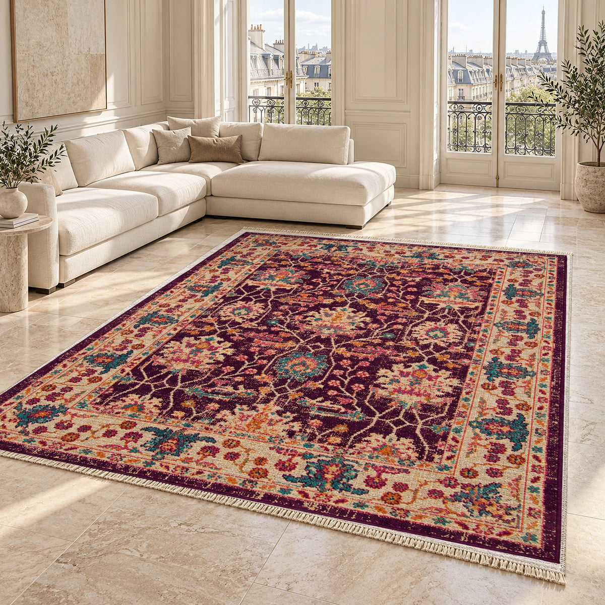 Vintage Floral 7652 Aubergine washable rug angled room view on marble