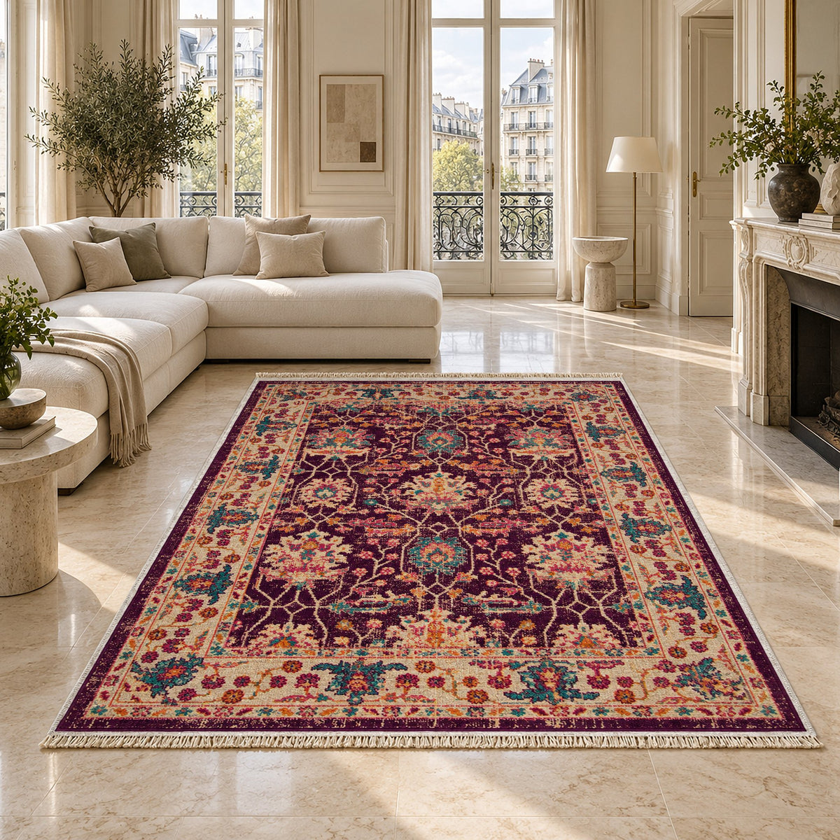Vintage Floral 7652 Aubergine washable rug on a marble floor