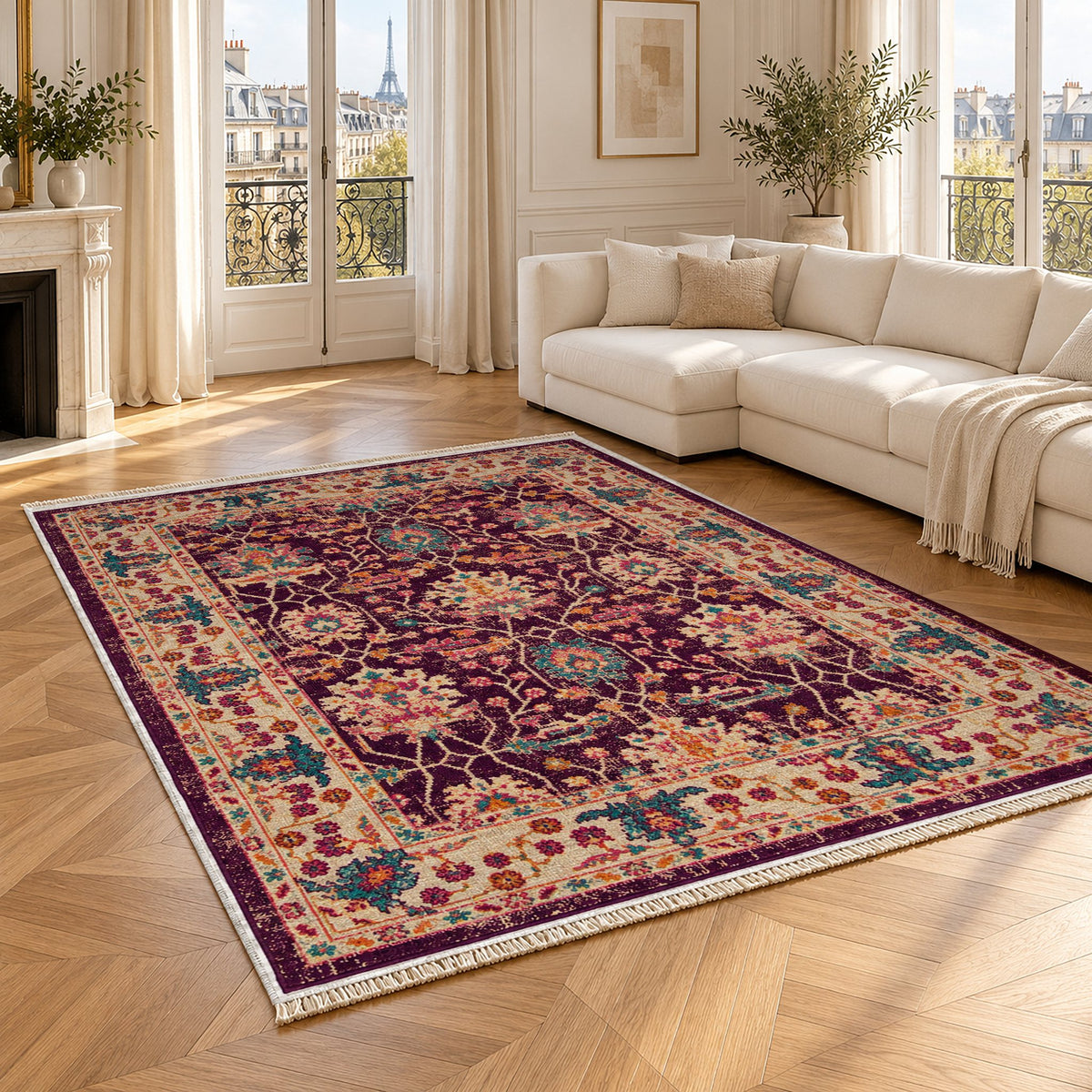 Vintage Floral 7652 Aubergine washable rug angled room view