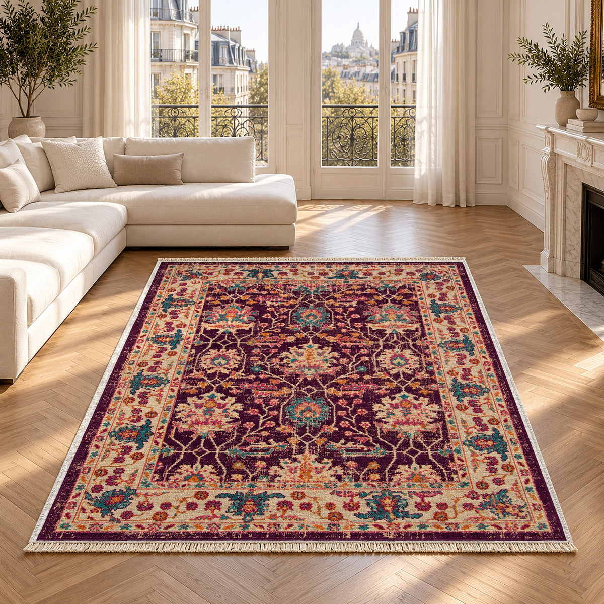 Vintage Floral 7652 Aubergine washable rug in a Paris living room