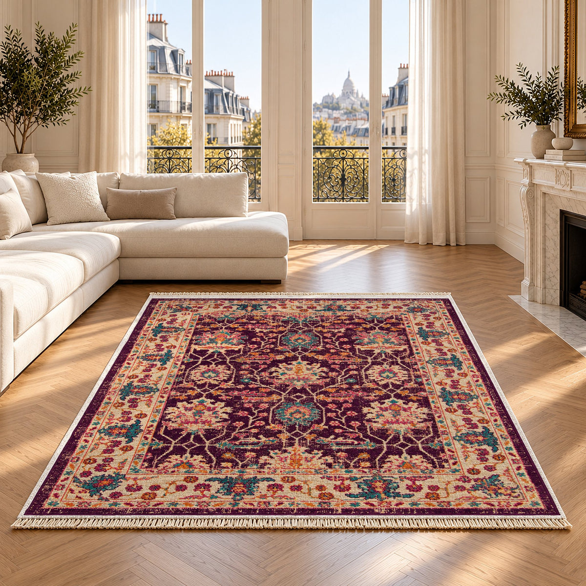 Vintage Floral 7652 Aubergine washable rug on an oak floor