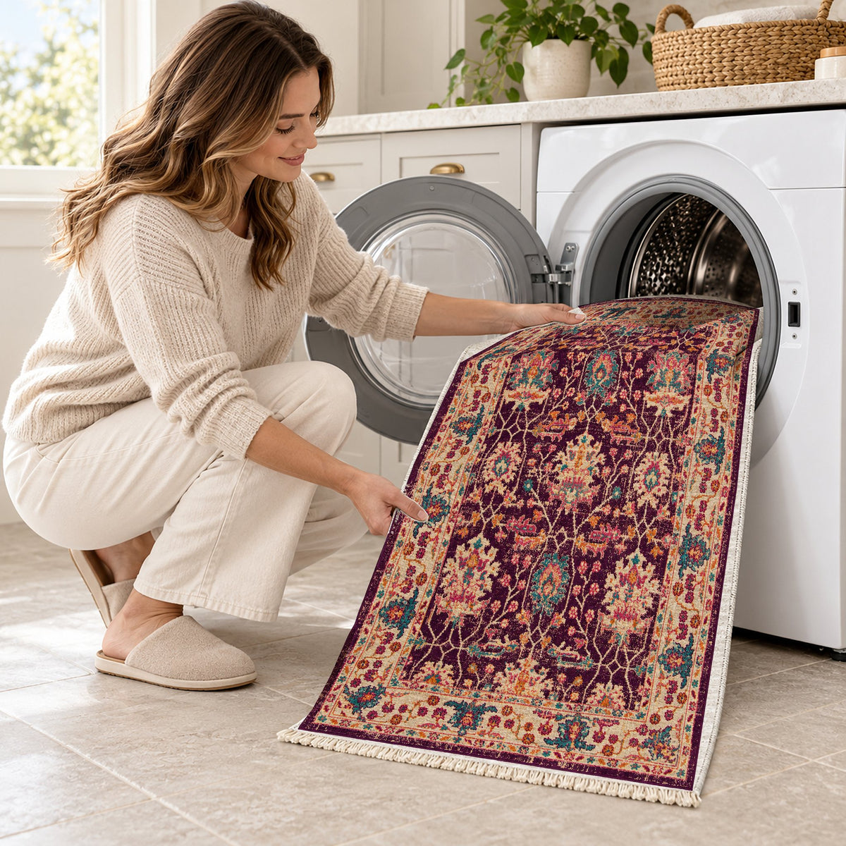 Vintage Floral 7652 Aubergine washable rug being loaded into a washing machine