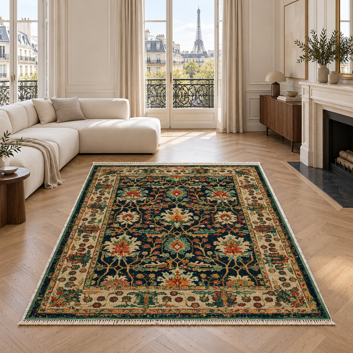 Vintage Floral 7652 Emerald washable rug in a living room with an Eiffel Tower view