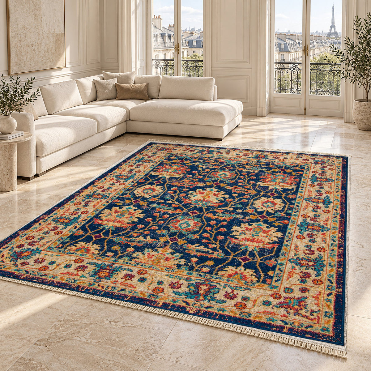 Vintage Floral 7652 Sapphire washable rug angled room view on marble