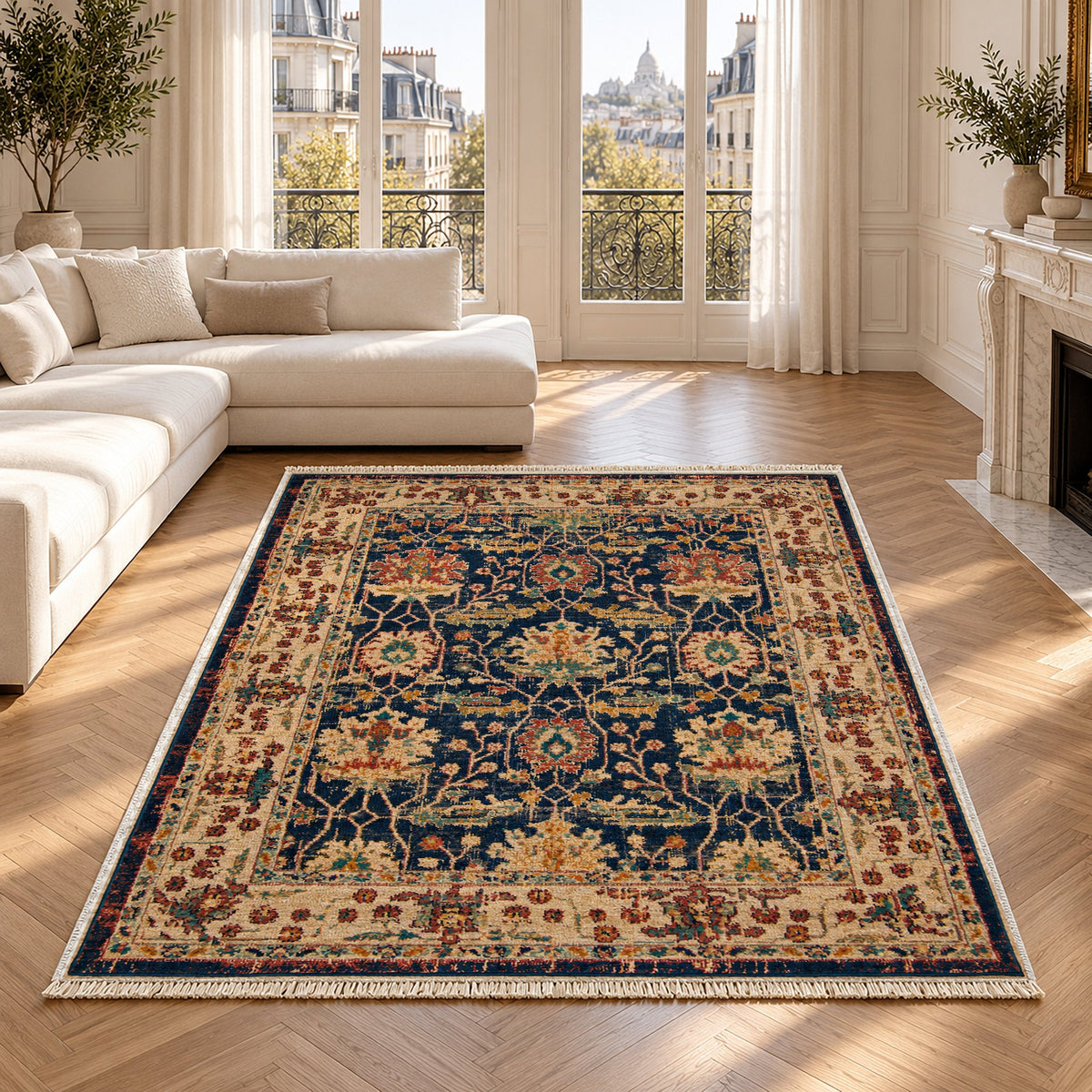 Vintage Floral 7652 Terracotta washable rug in a Paris living room
