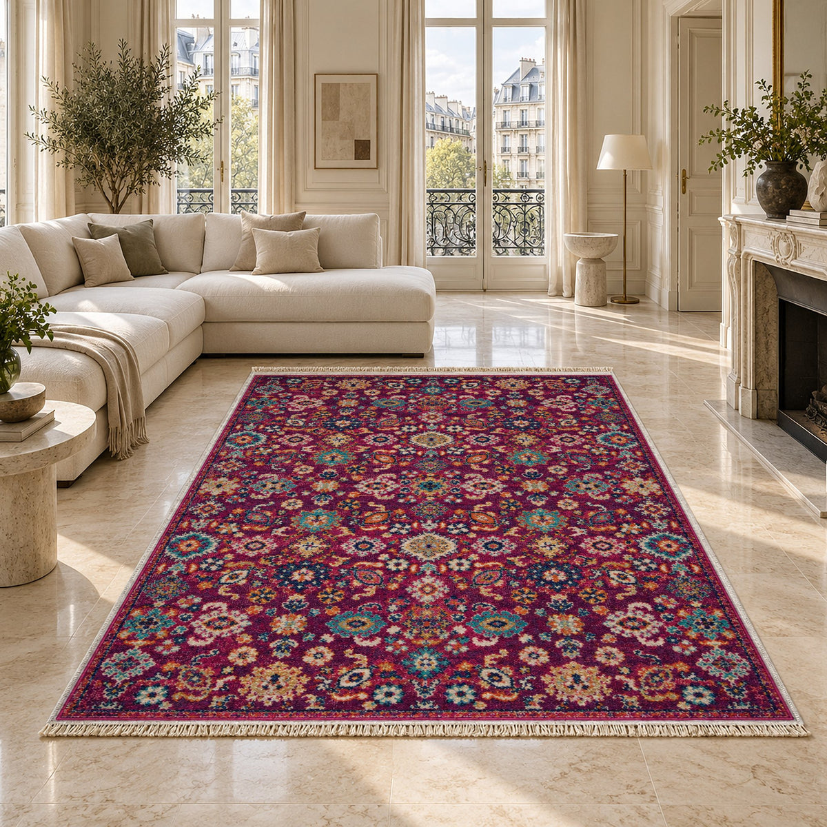 Vintage Floral 7653 Aubergine washable rug on a marble floor