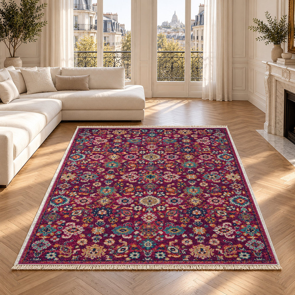 Vintage Floral 7653 Aubergine washable rug in a Paris living room