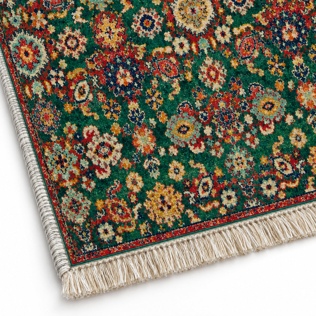 Vintage Floral 7653 Emerald washable rug close-up of the printed chenille