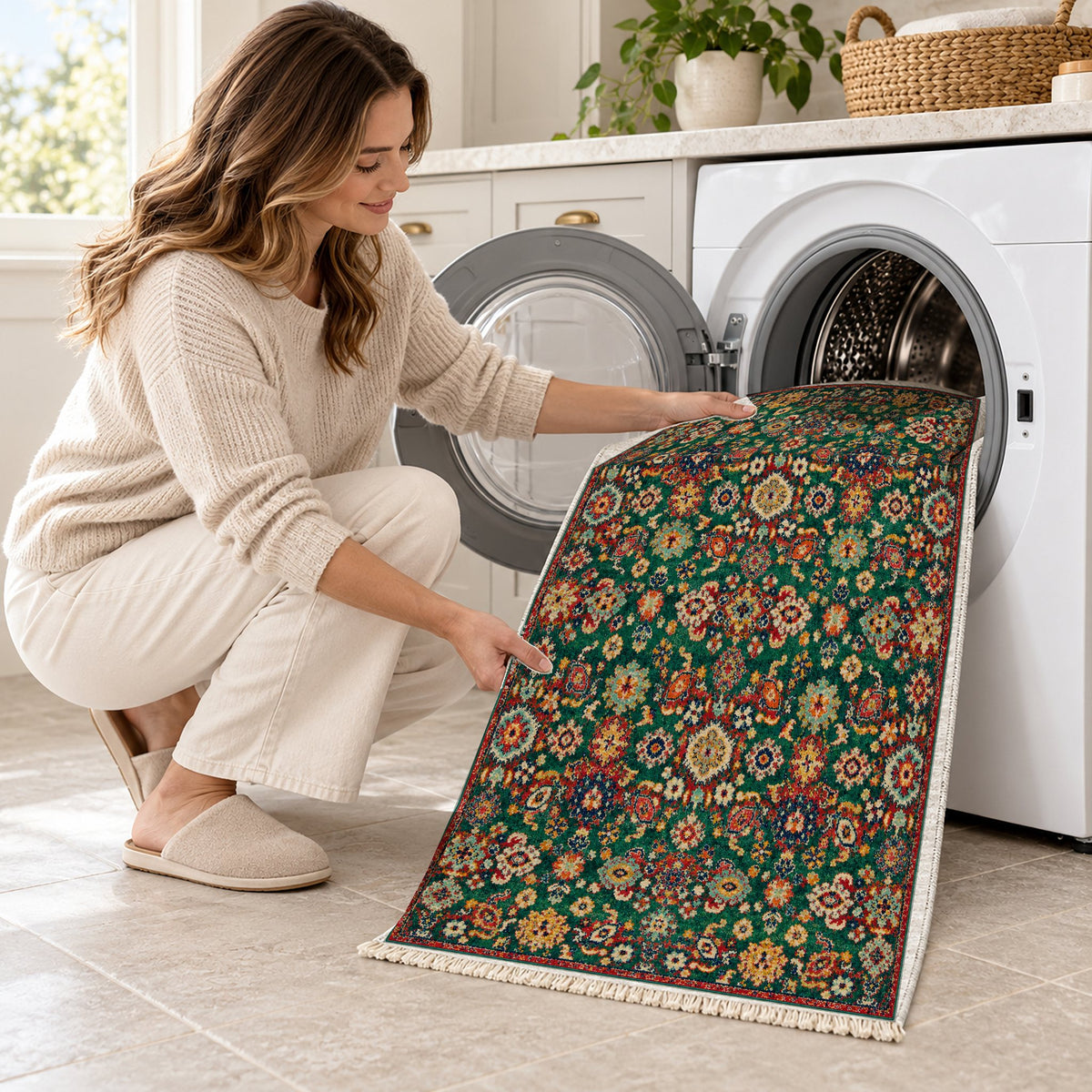 Vintage Floral 7653 Emerald washable rug being loaded into a washing machine