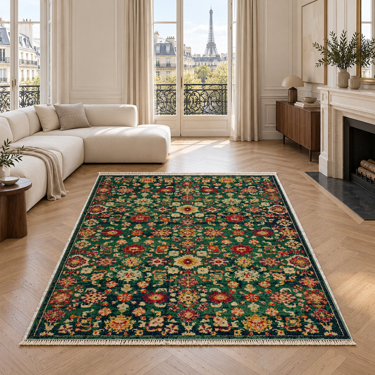 Vintage Floral 7654 Emerald washable rug in a living room with an Eiffel Tower view