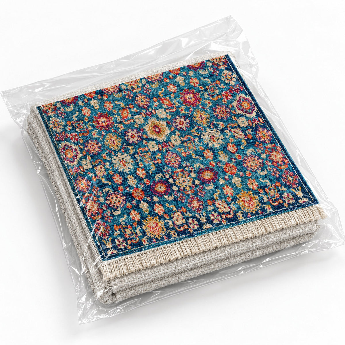 Vintage Floral 7654 Sapphire washable rug rolled and packaged