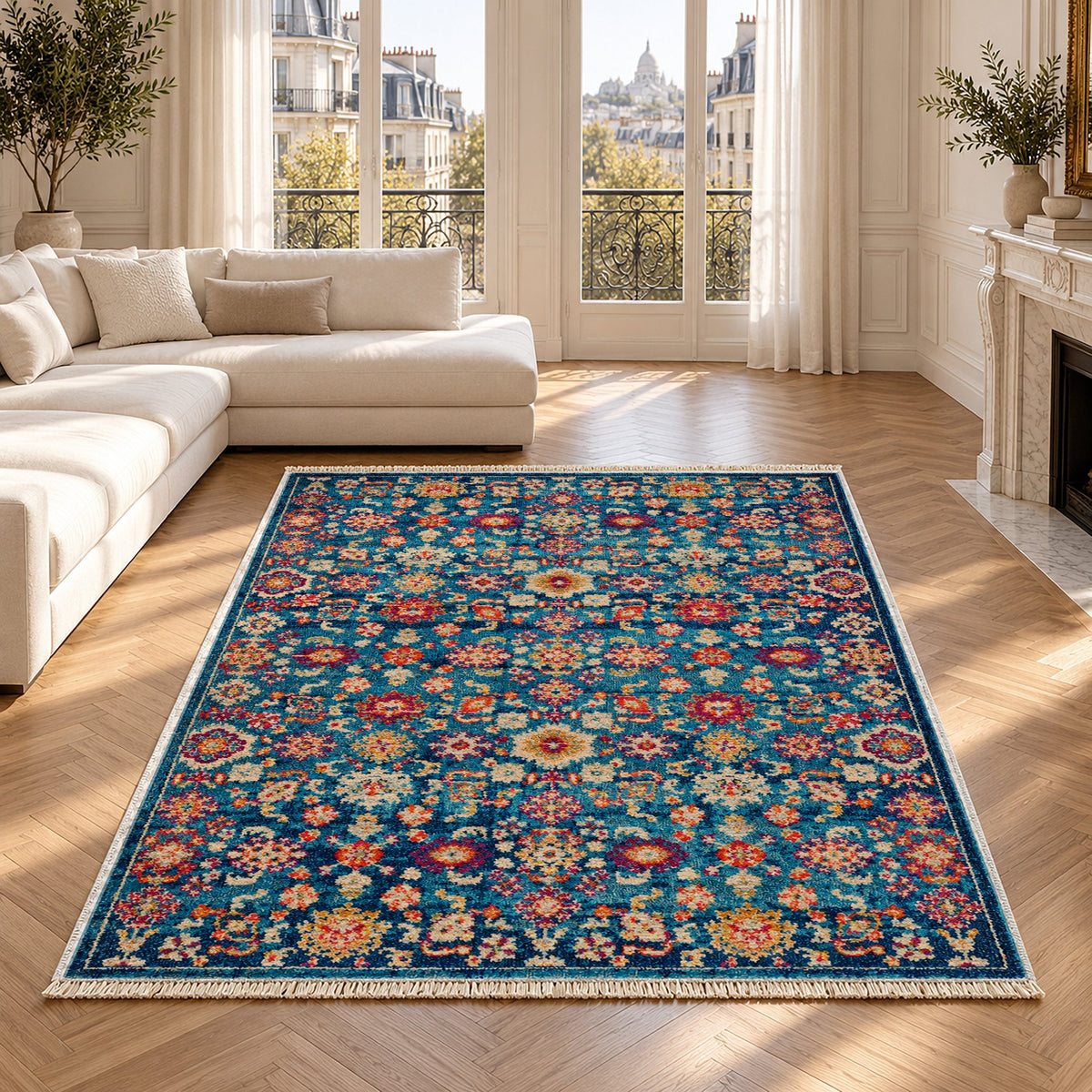 Vintage Floral 7654 Sapphire washable rug in a Paris living room