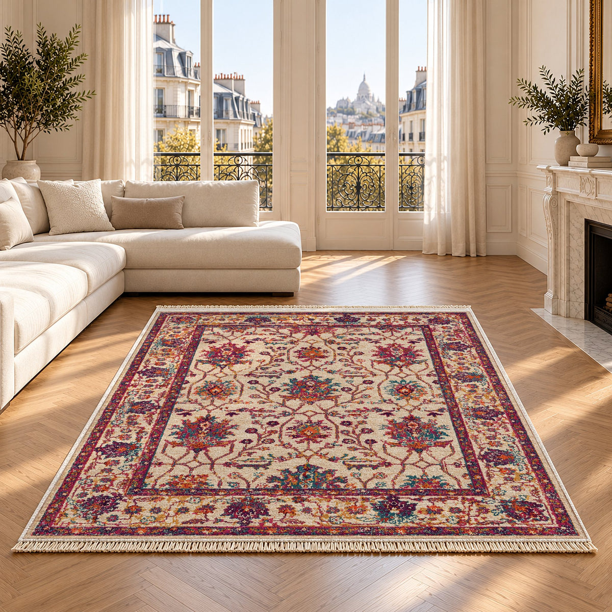 Vintage Floral 7658 Aubergine washable rug on an oak floor