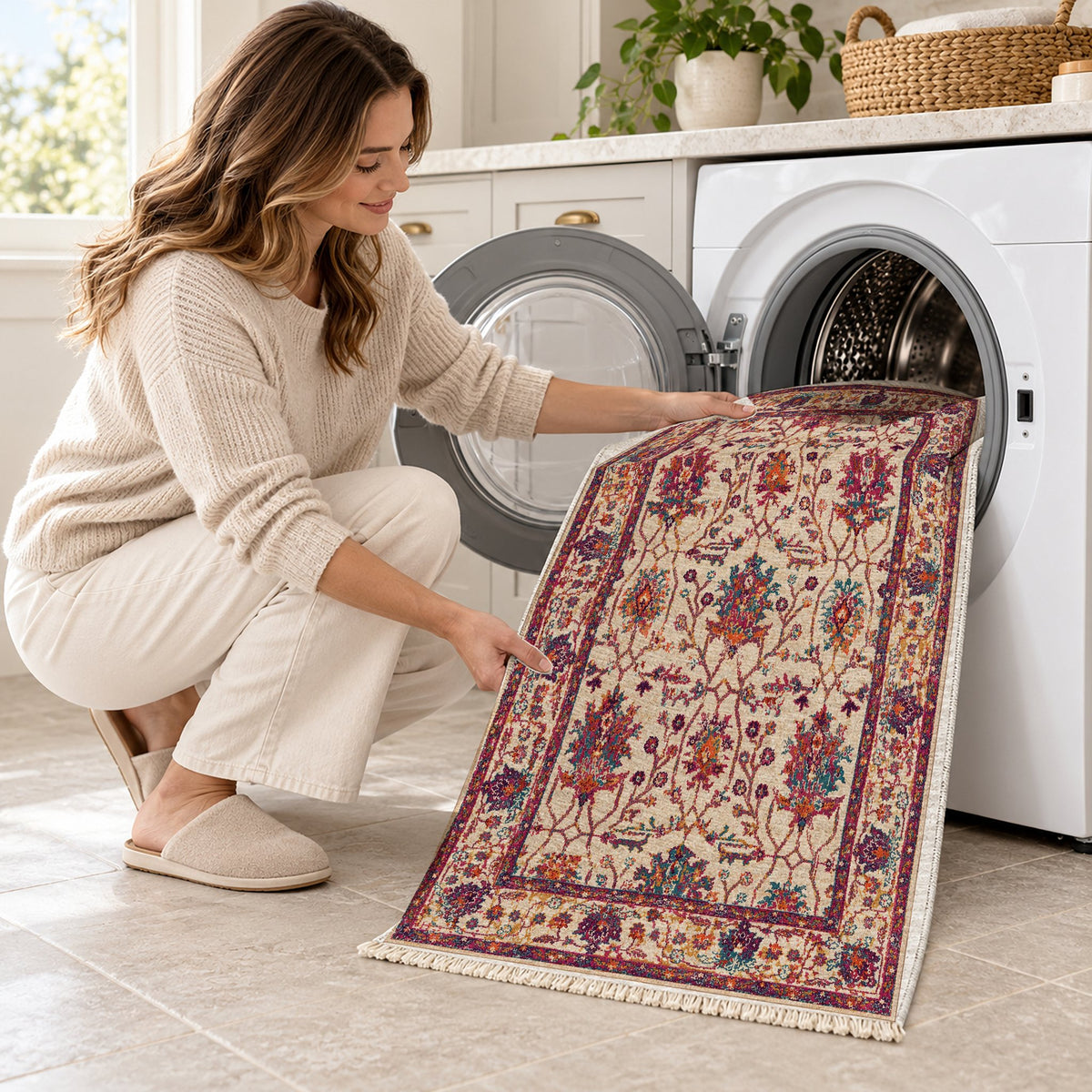 Vintage Floral 7658 Aubergine washable rug being loaded into a washing machine