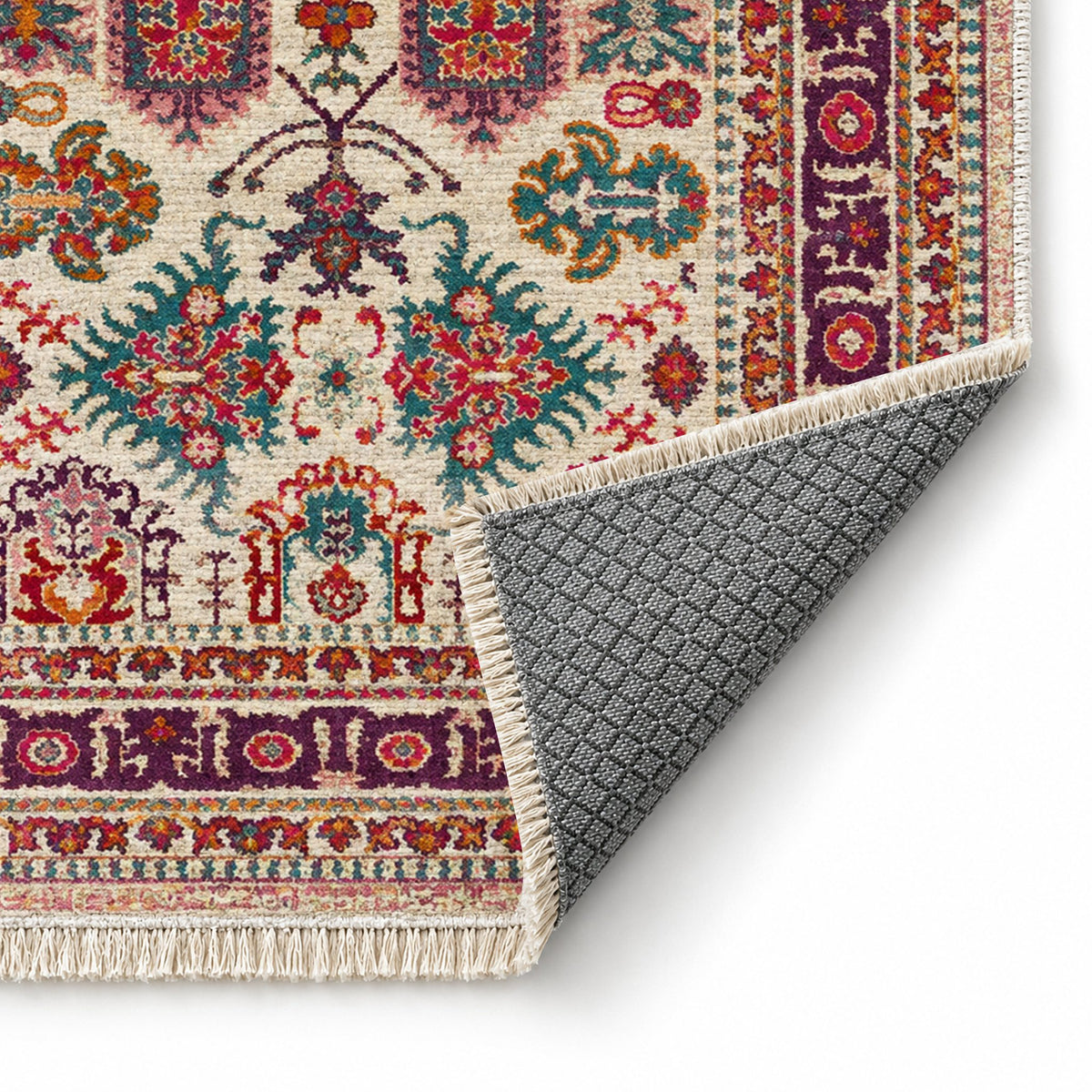 Vintage Heriz 7650 Aubergine washable rug folded corner showing the backing