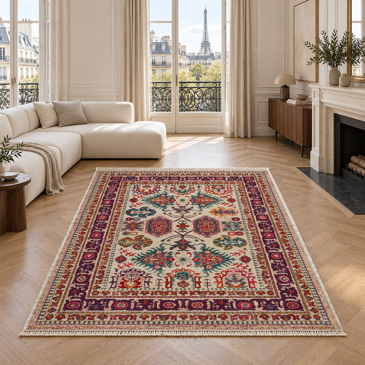 Vintage Heriz 7650 Aubergine washable rug in a living room with an Eiffel Tower view