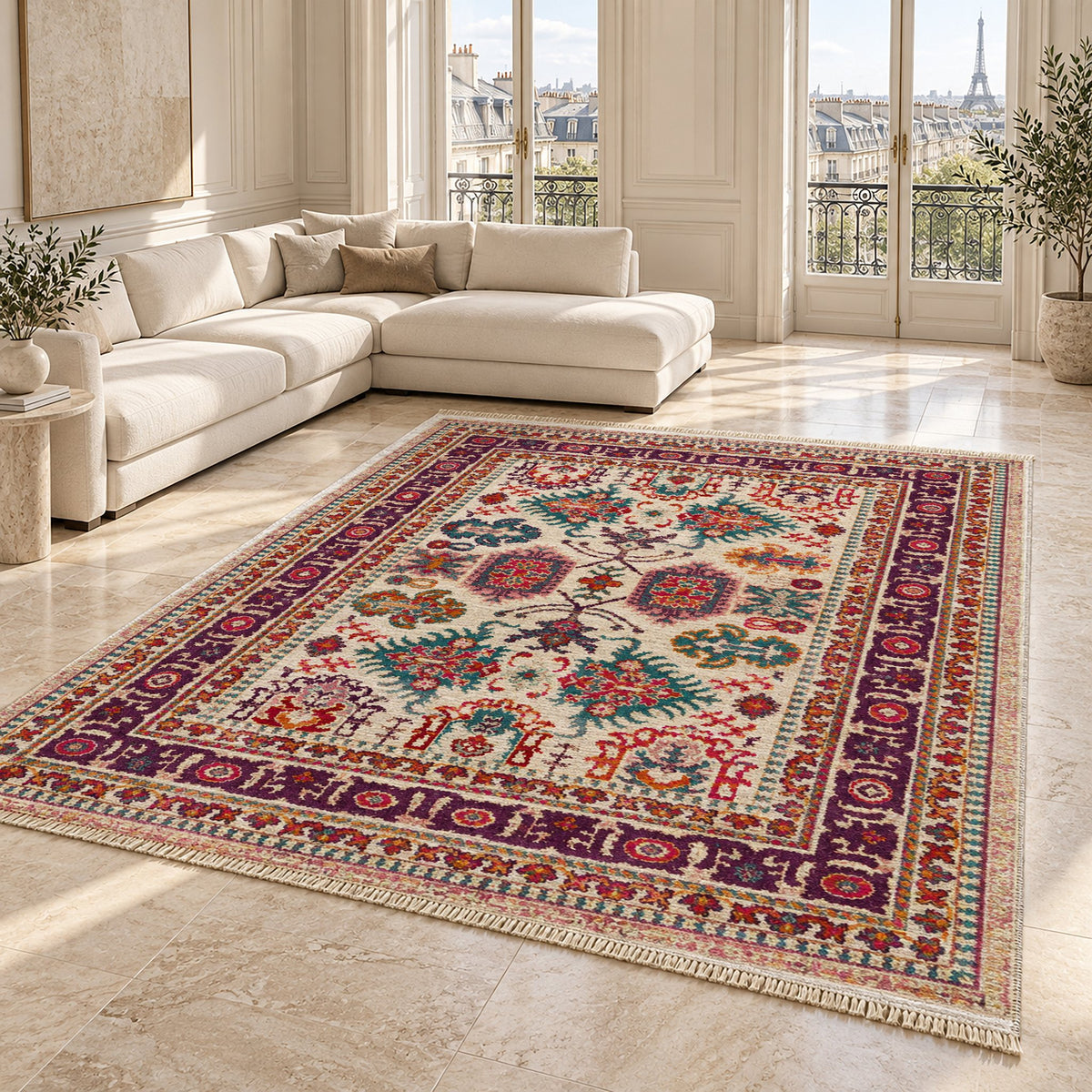 Vintage Heriz 7650 Aubergine washable rug angled room view on marble