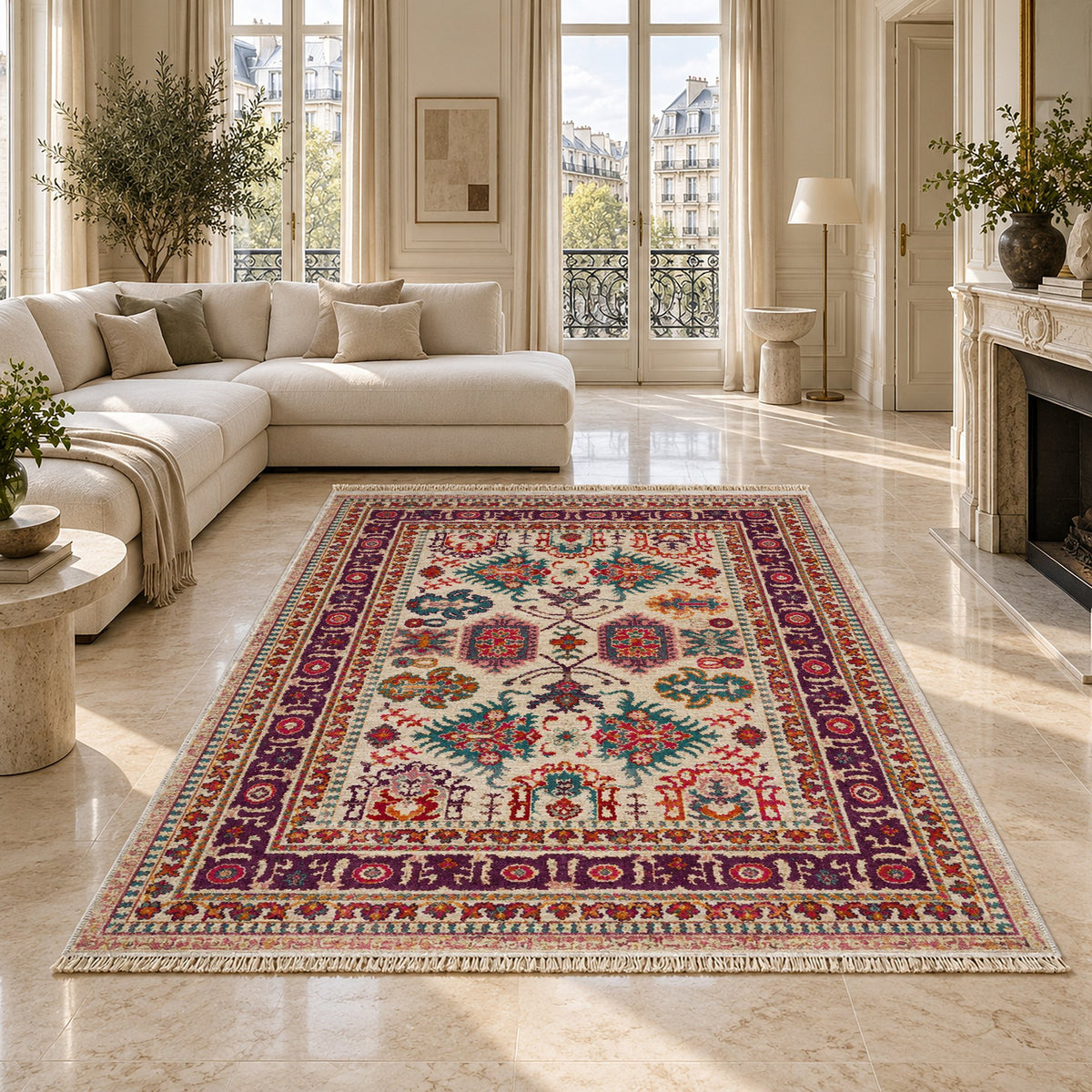 Vintage Heriz 7650 Aubergine washable rug on a marble floor