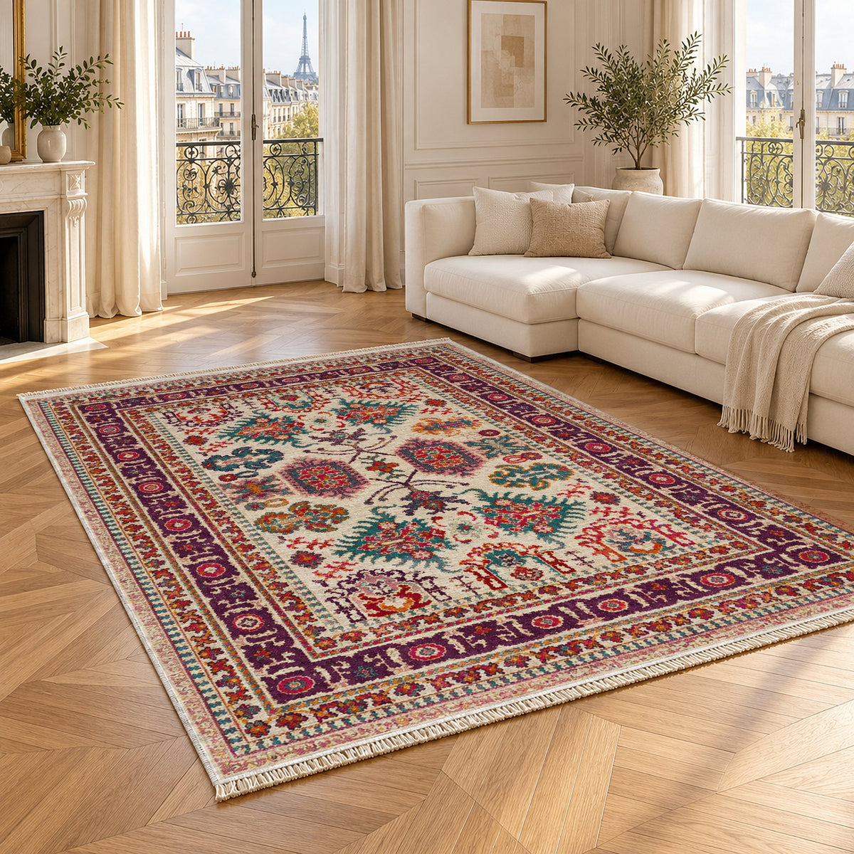 Vintage Heriz 7650 Aubergine washable rug angled room view