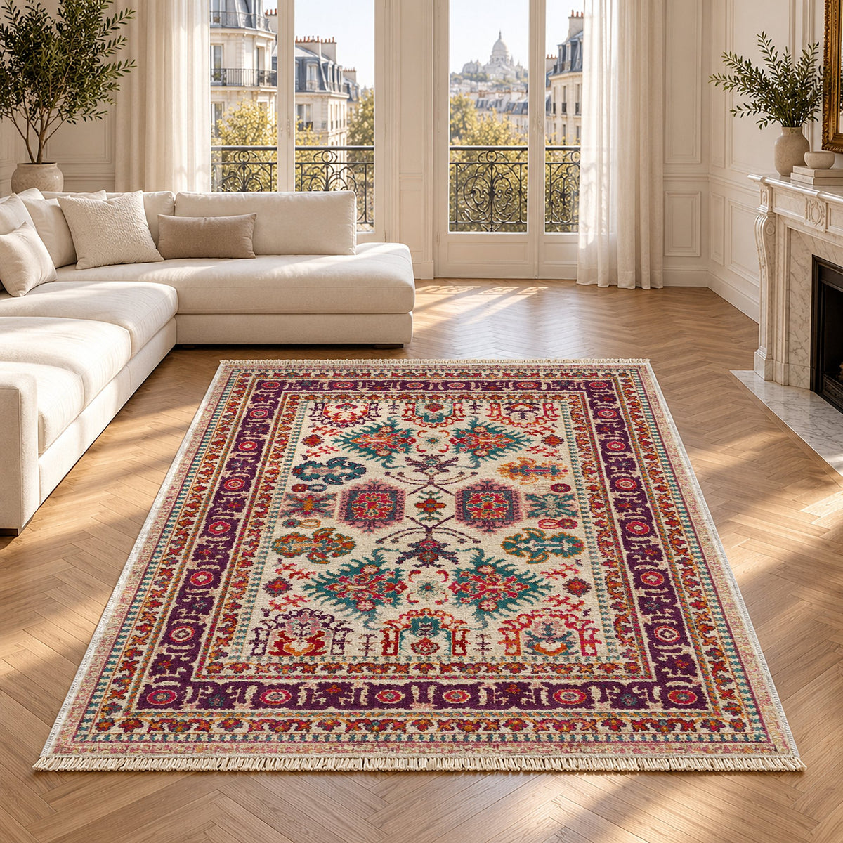 Vintage Heriz 7650 Aubergine washable rug in a Paris living room
