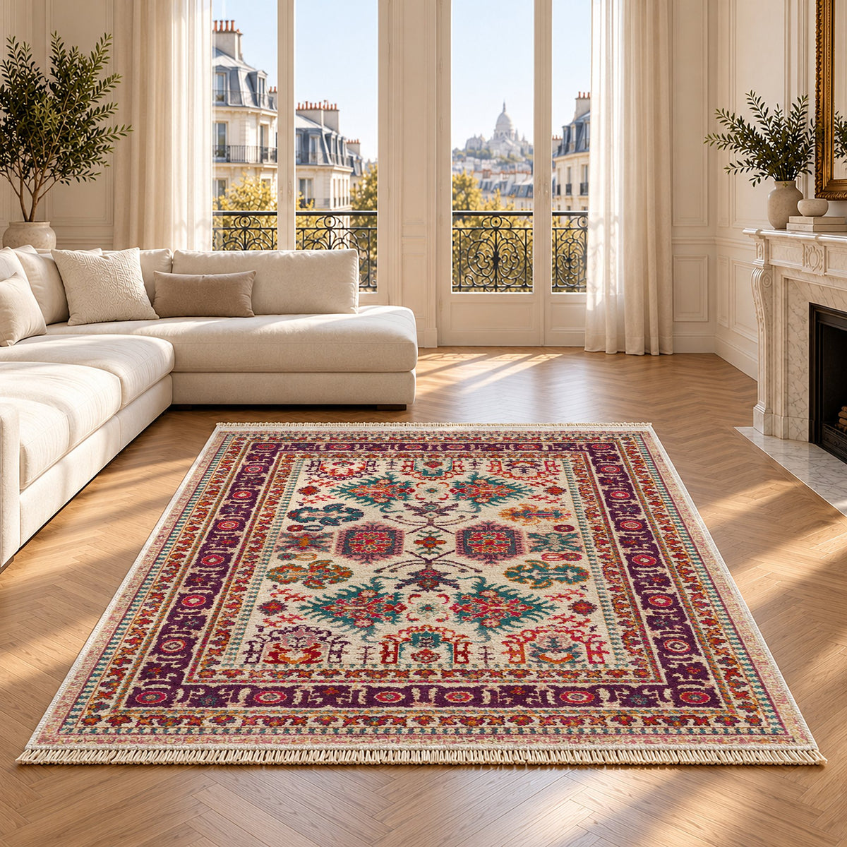 Vintage Heriz 7650 Aubergine washable rug on an oak floor