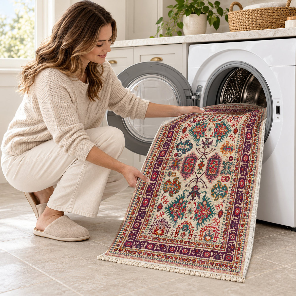 Vintage Heriz 7650 Aubergine washable rug being loaded into a washing machine