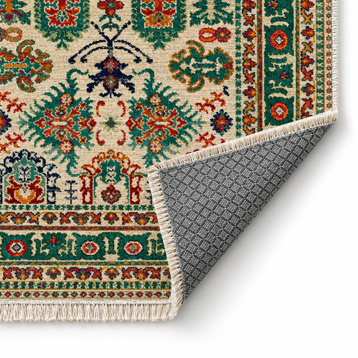 Vintage Heriz 7650 Emerald washable rug folded corner showing the backing
