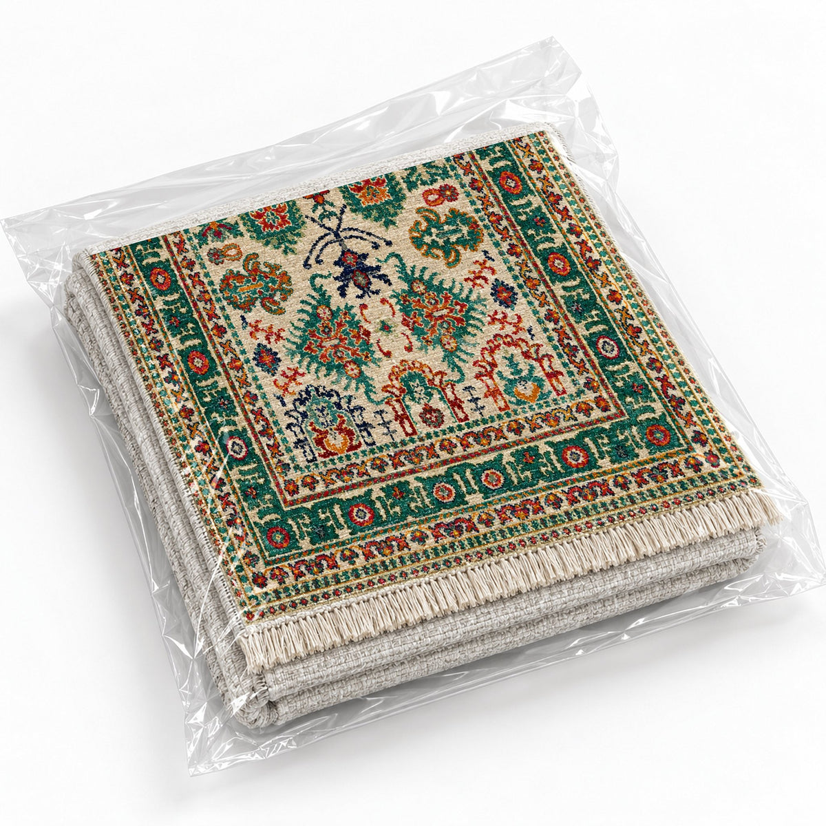 Vintage Heriz 7650 Emerald washable rug rolled and packaged