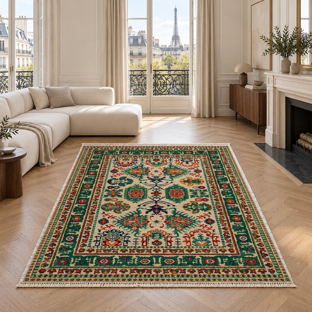 Vintage Heriz 7650 Emerald washable rug in a living room with an Eiffel Tower view