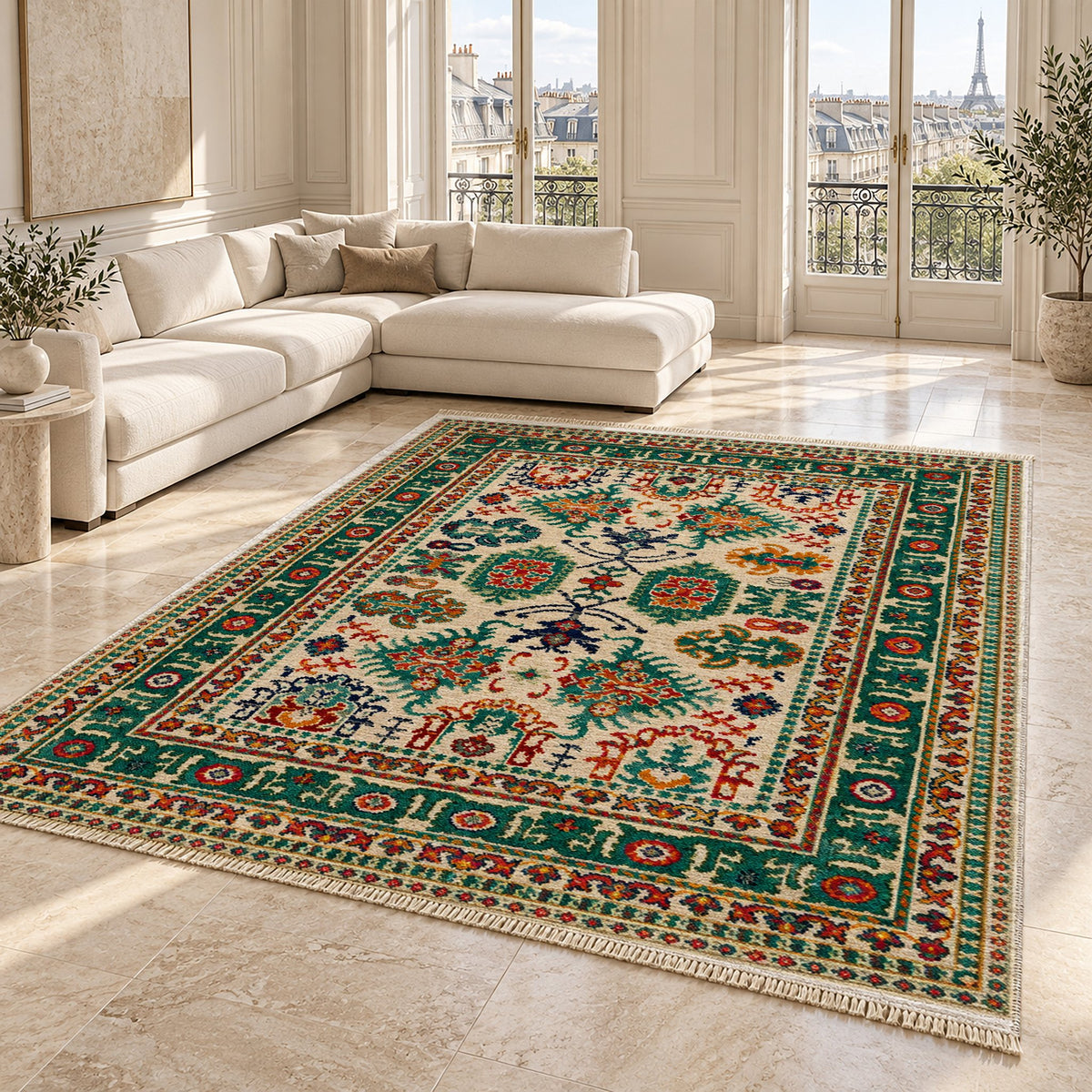 Vintage Heriz 7650 Emerald washable rug angled room view on marble
