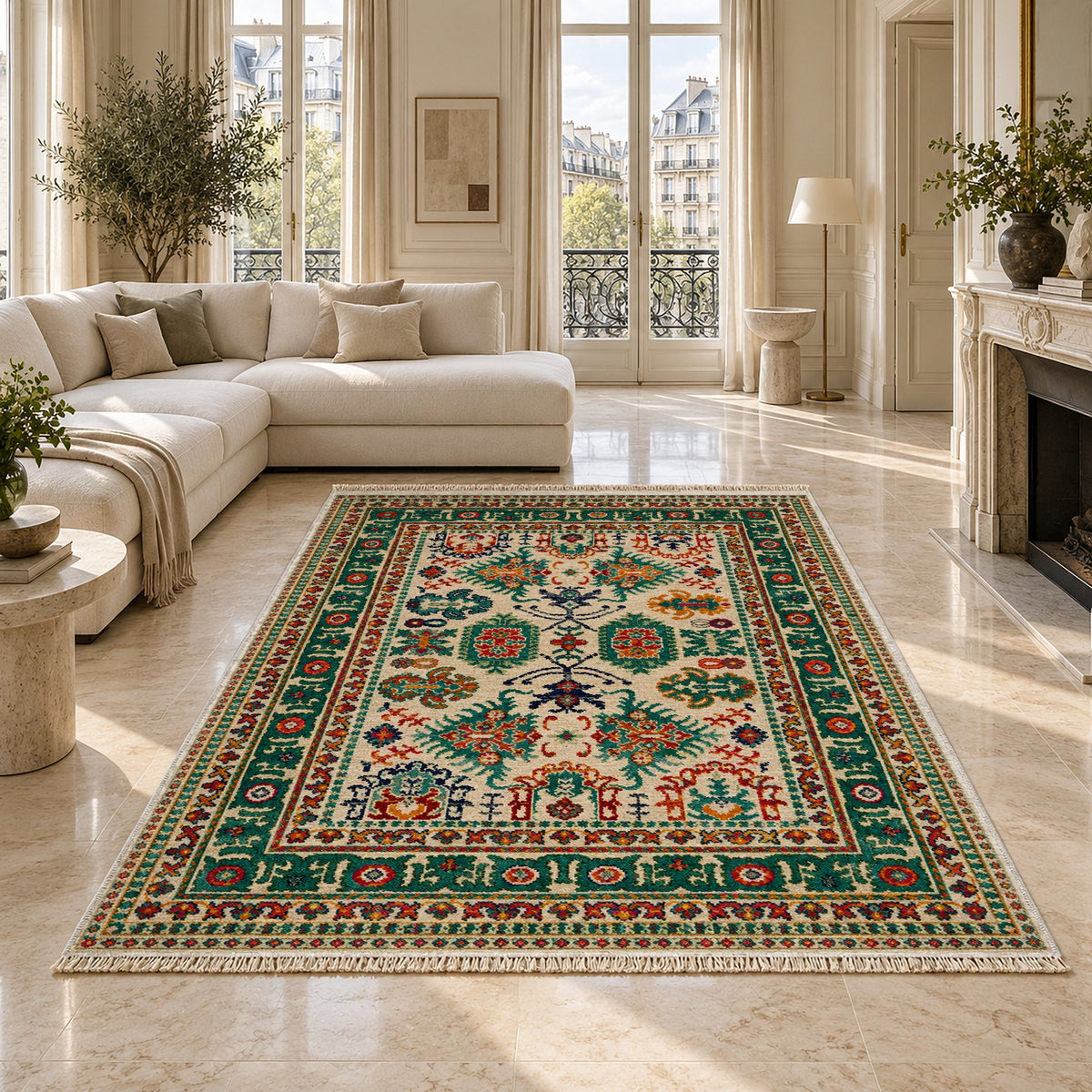 Vintage Heriz 7650 Emerald washable rug on a marble floor