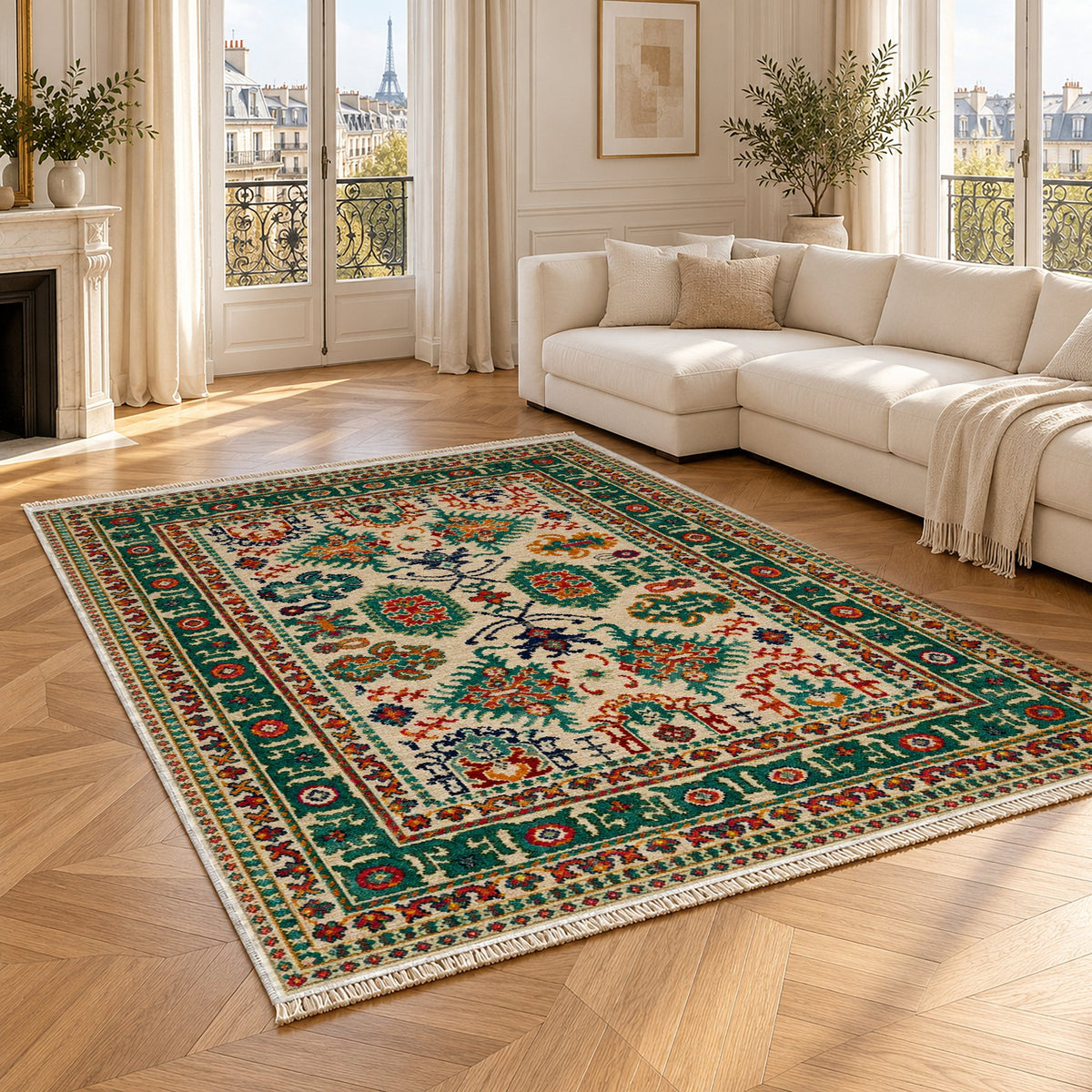 Vintage Heriz 7650 Emerald washable rug angled room view