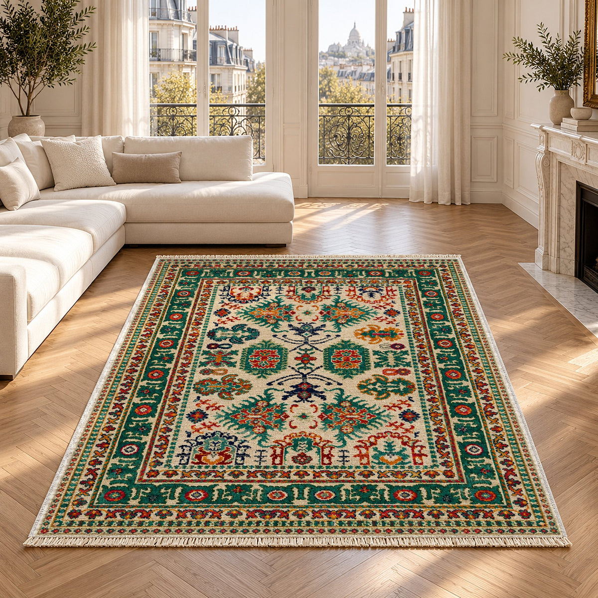 Vintage Heriz 7650 Emerald washable rug in a Paris living room