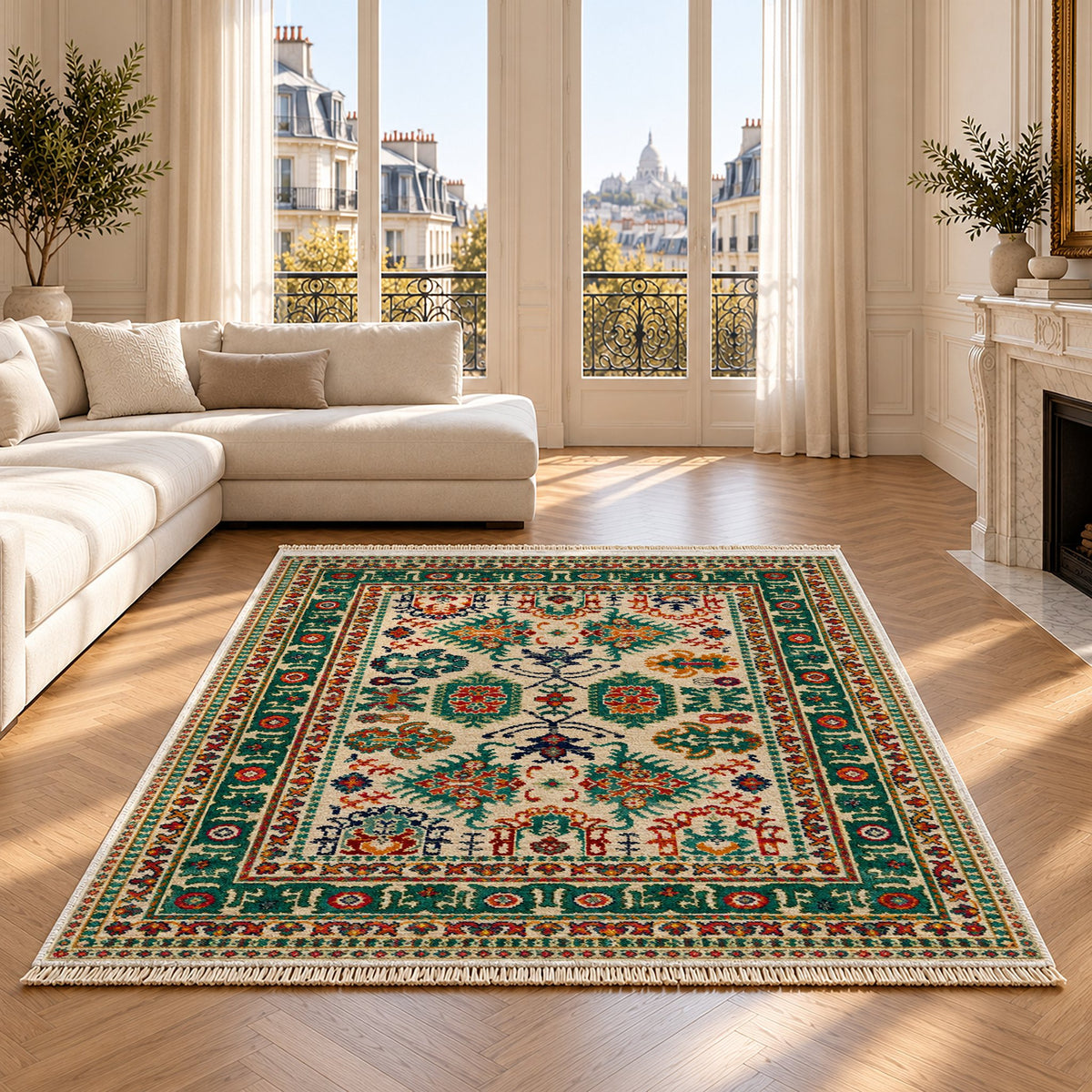Vintage Heriz 7650 Emerald washable rug on an oak floor