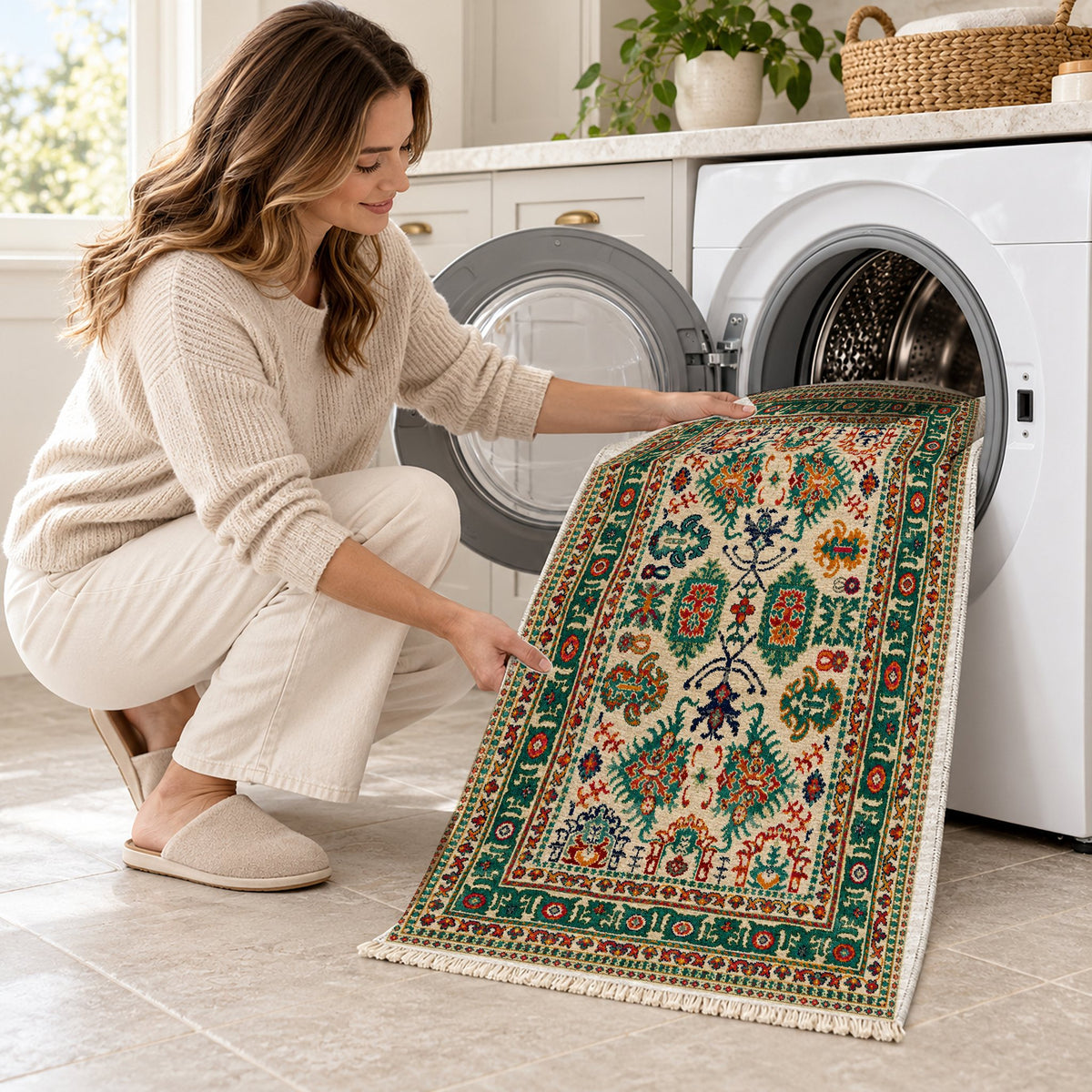 Vintage Heriz 7650 Emerald washable rug being loaded into a washing machine