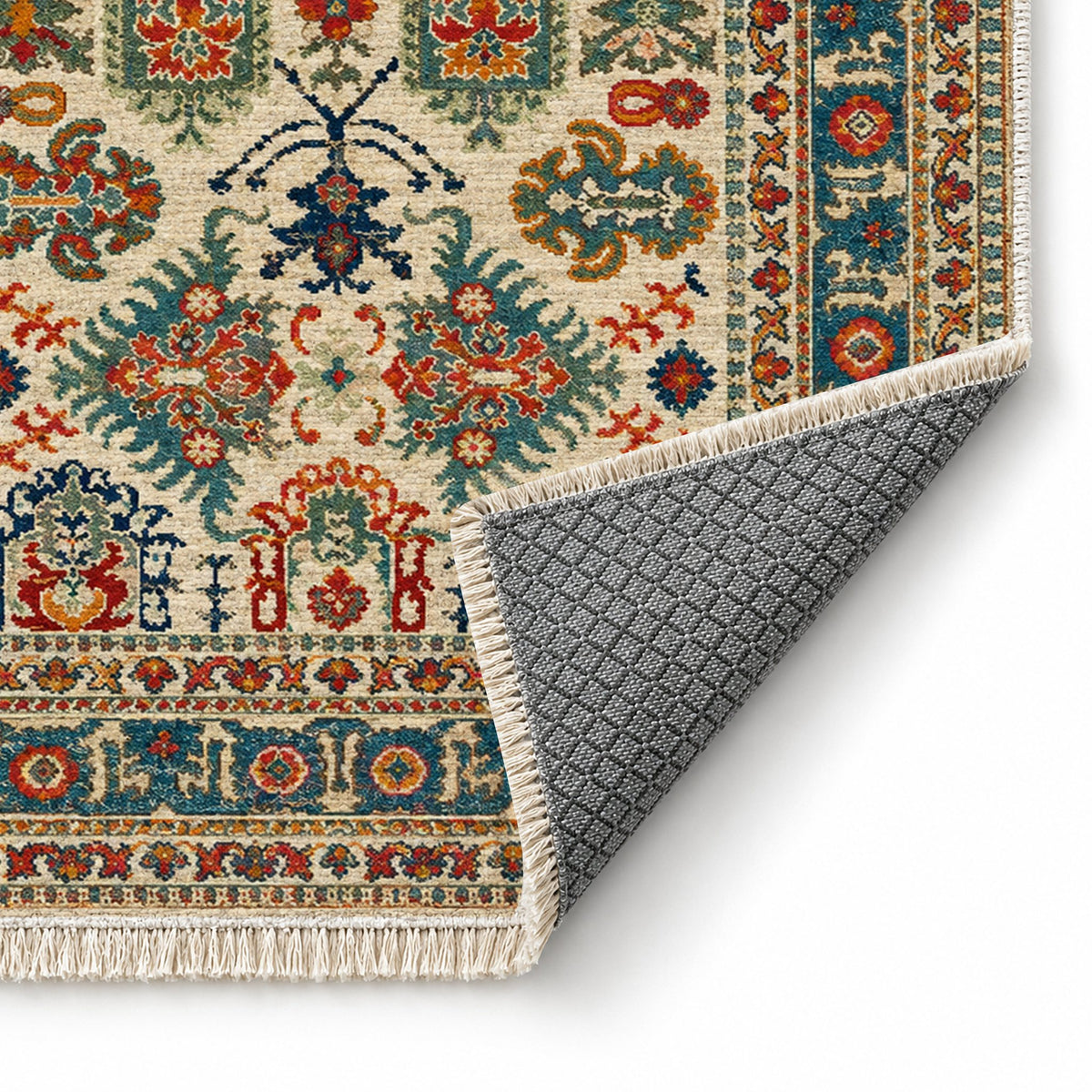 Vintage Heriz 7650 Terracotta washable rug folded corner showing the backing