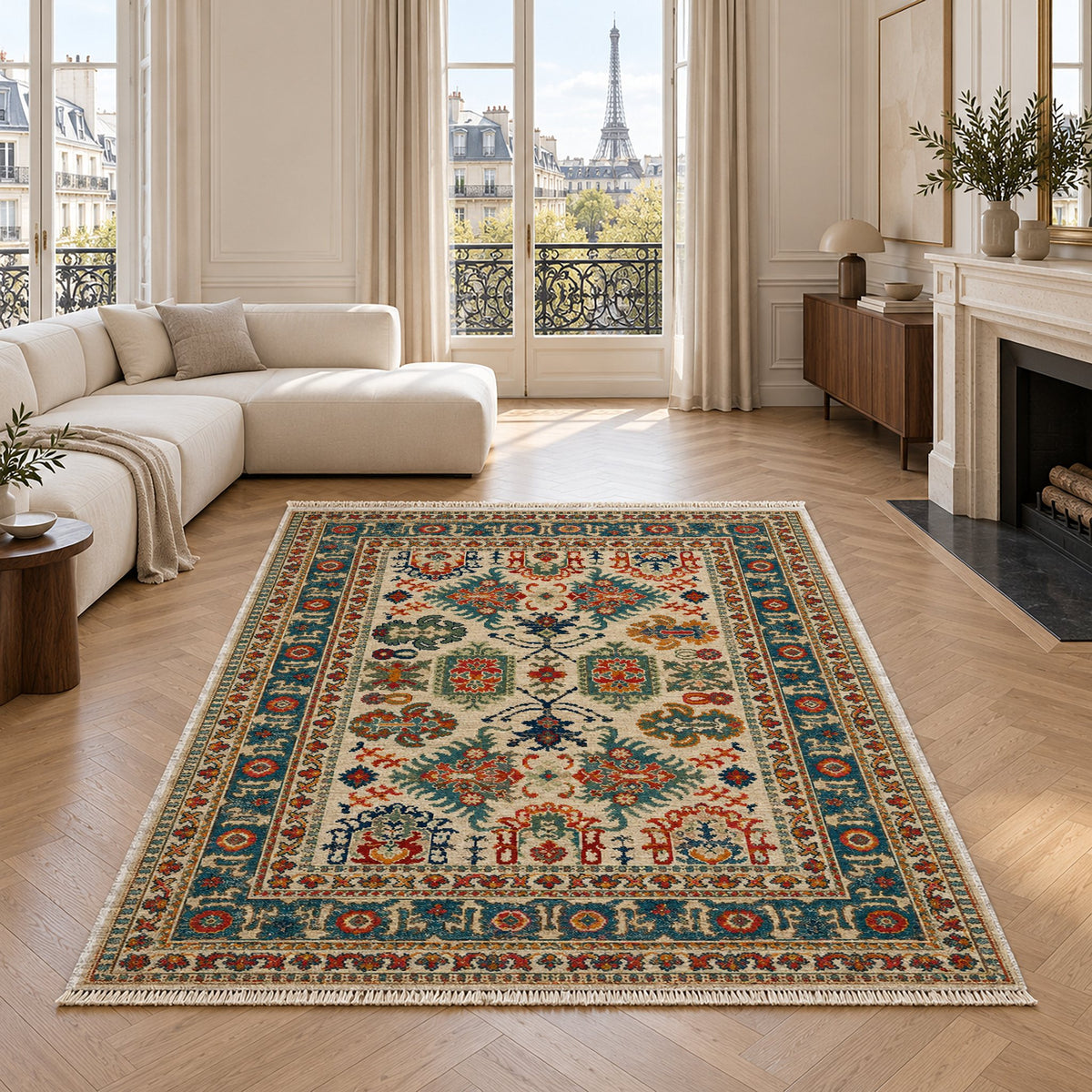 Vintage Heriz 7650 Terracotta washable rug in a living room with an Eiffel Tower view