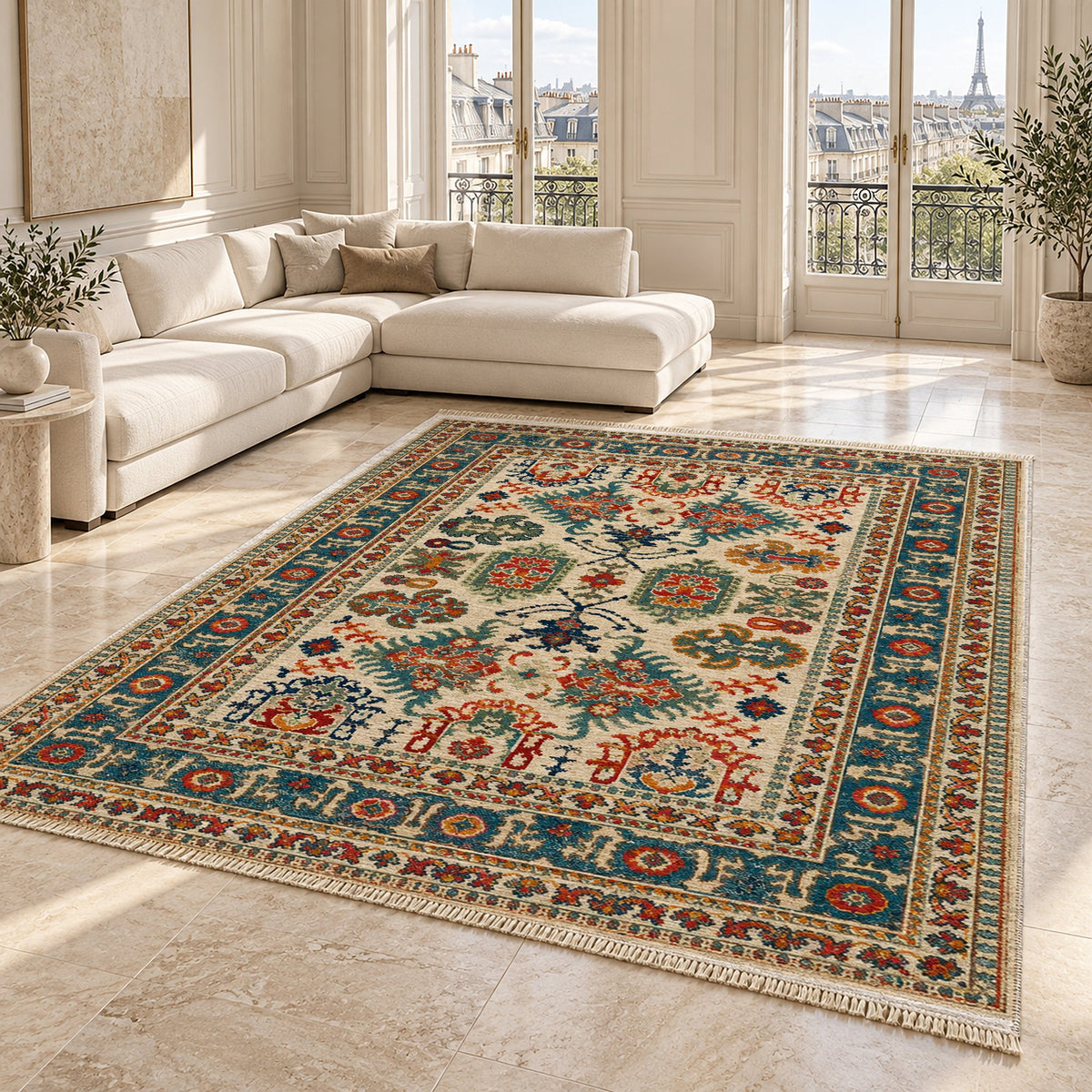Vintage Heriz 7650 Terracotta washable rug angled room view on marble