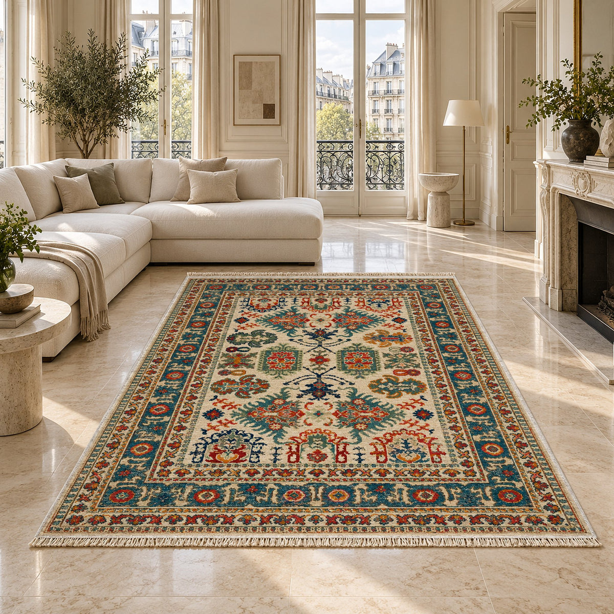 Vintage Heriz 7650 Terracotta washable rug on a marble floor