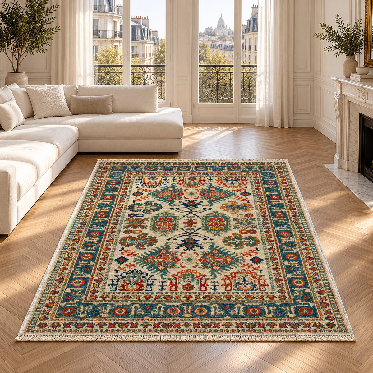 Vintage Heriz 7650 Terracotta washable rug in a Paris living room