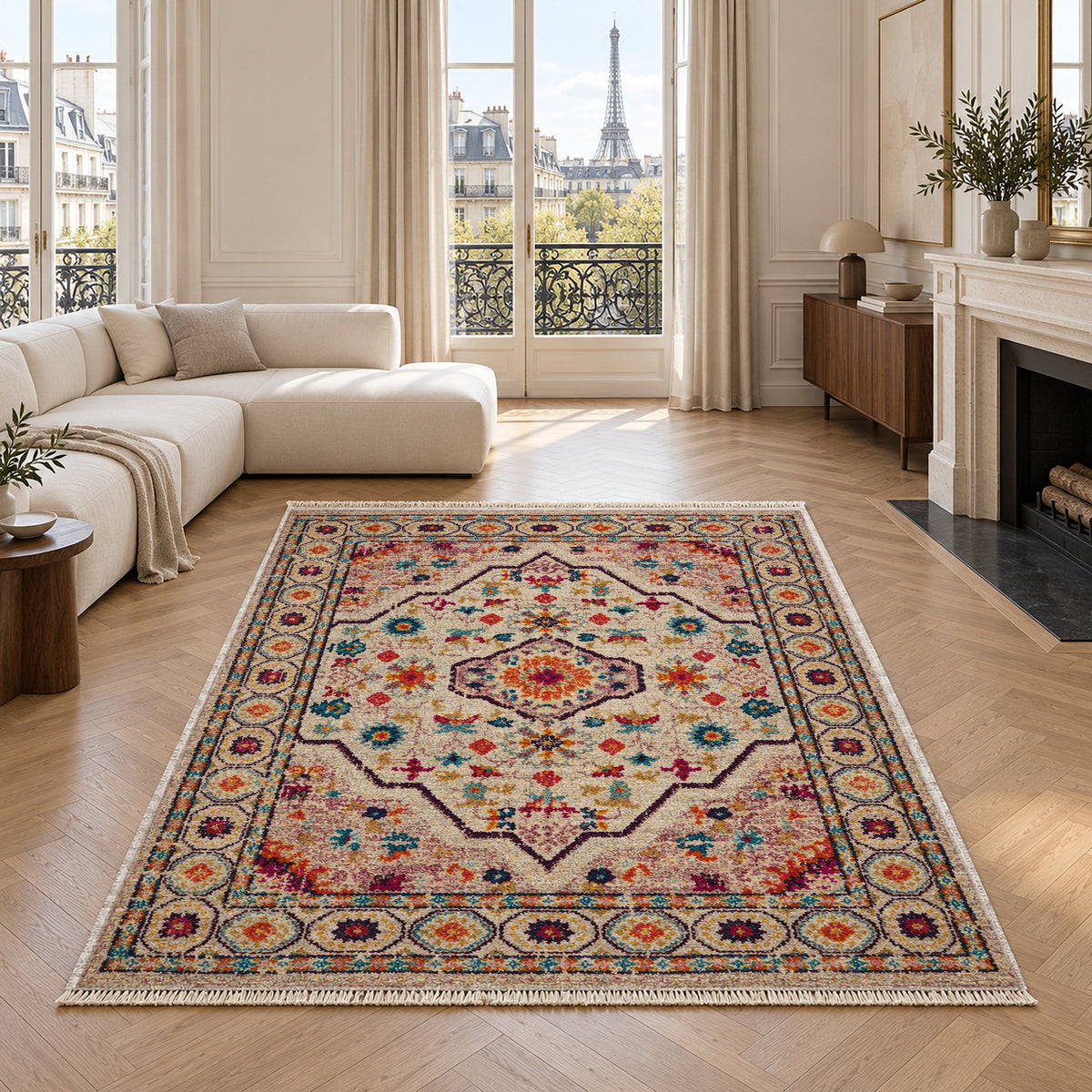Vintage Medallion 7655 Aubergine washable rug in a living room with an Eiffel Tower view