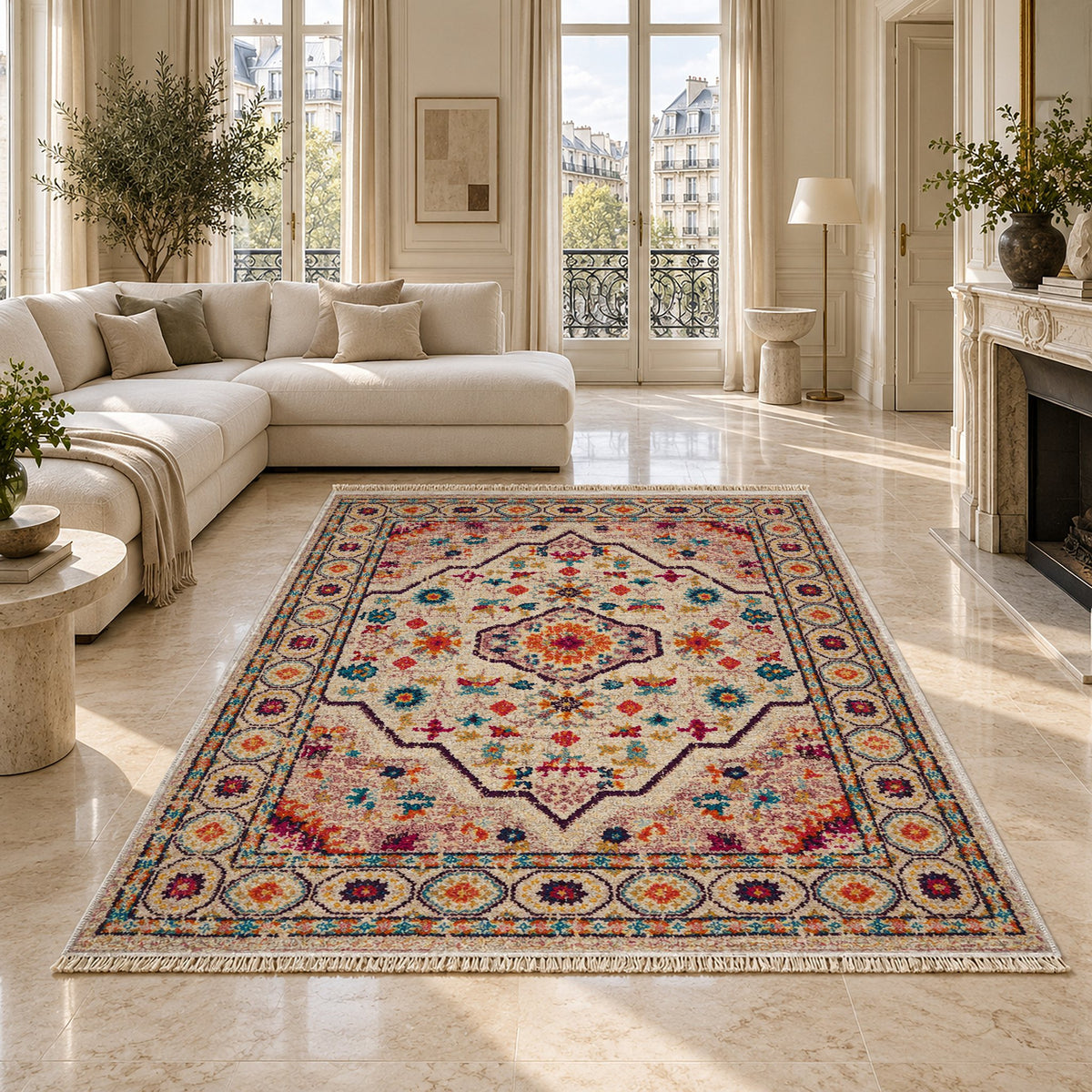 Vintage Medallion 7655 Aubergine washable rug on a marble floor