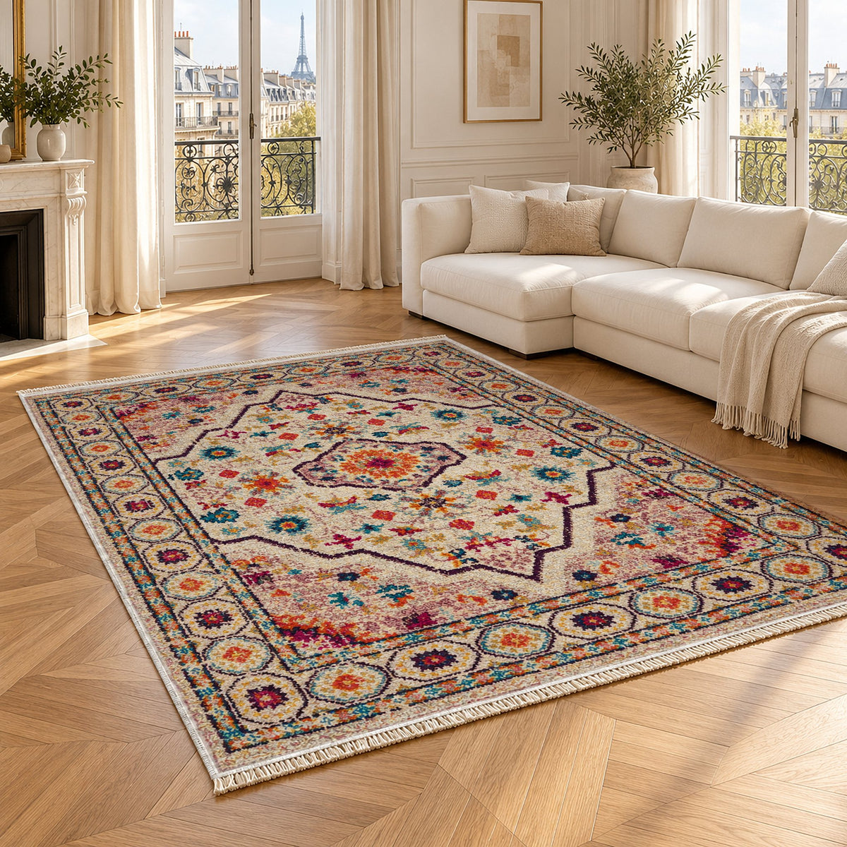 Vintage Medallion 7655 Aubergine washable rug angled room view