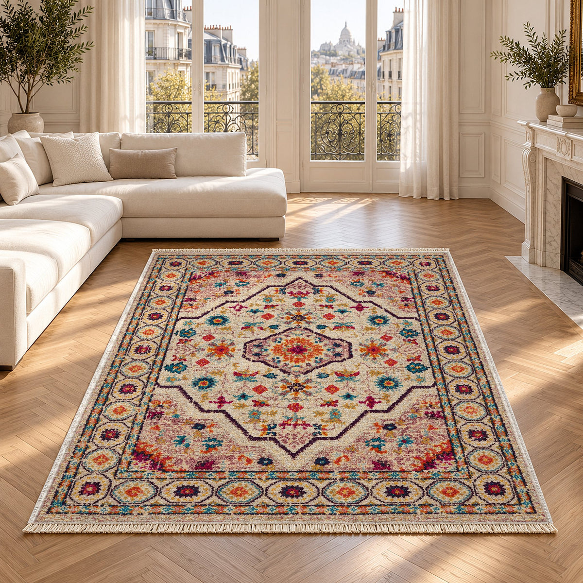Vintage Medallion 7655 Aubergine washable rug in a Paris living room