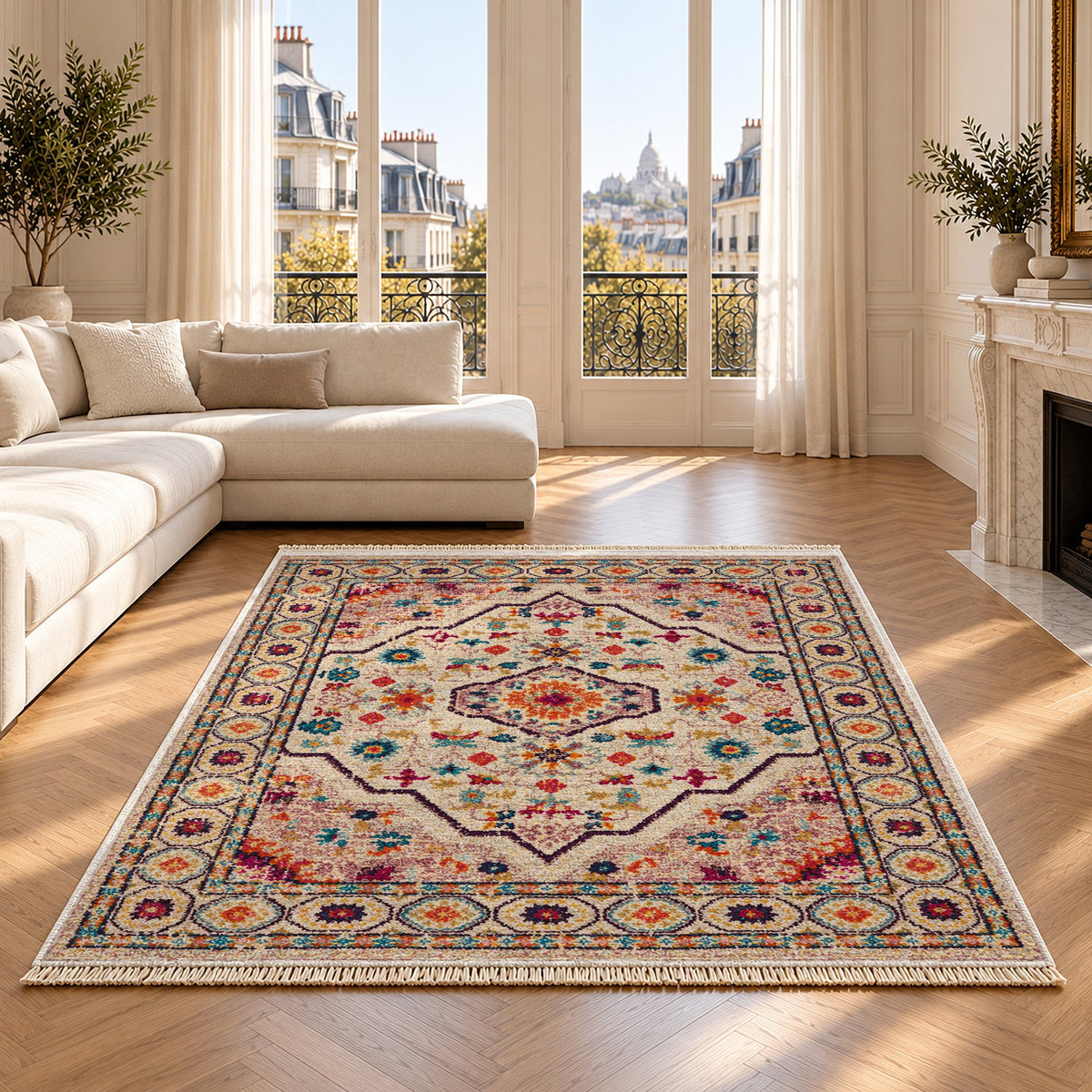 Vintage Medallion 7655 Aubergine washable rug on an oak floor